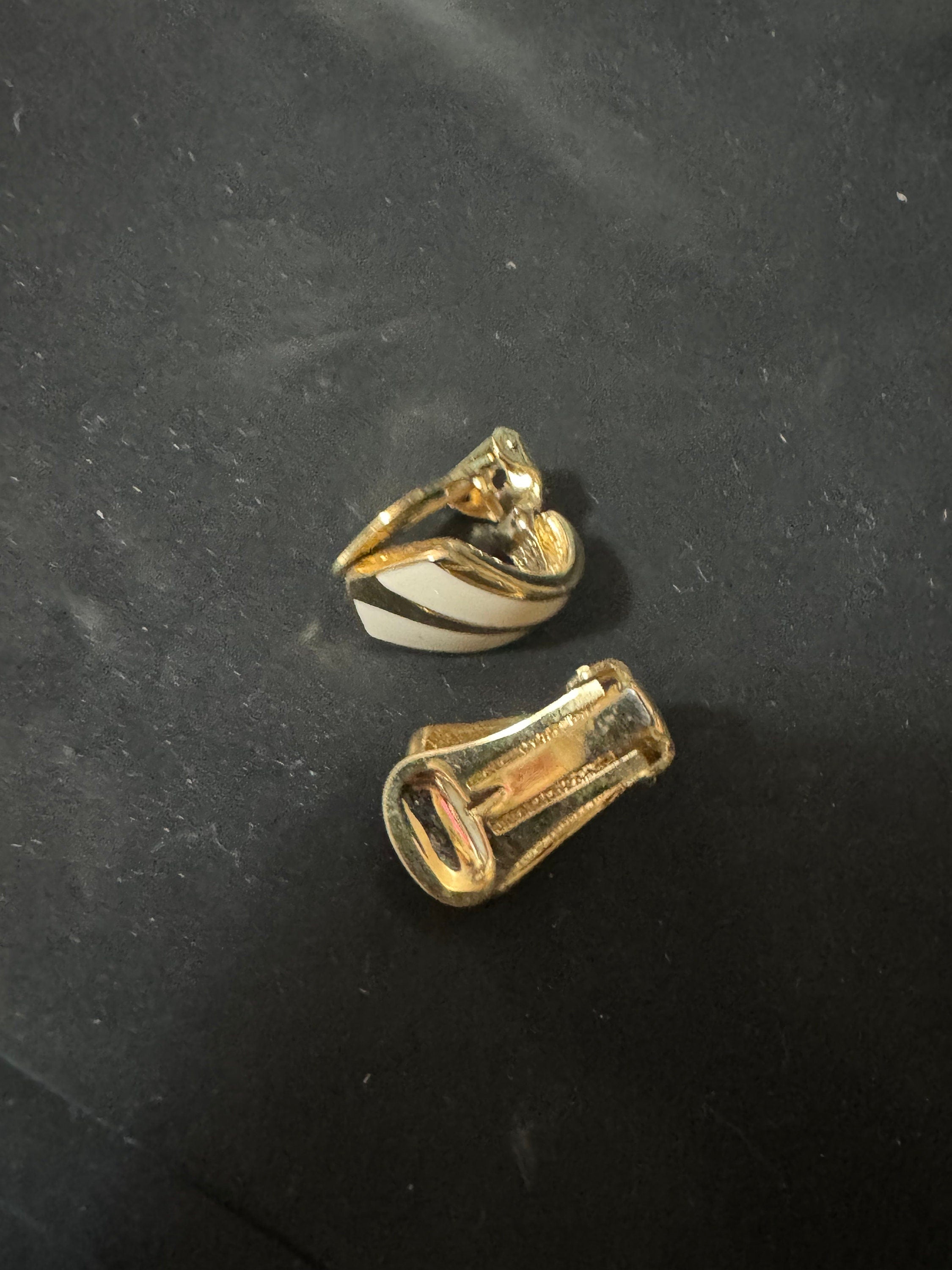 Vintage Gold tone off white gold enamel clip on earrings