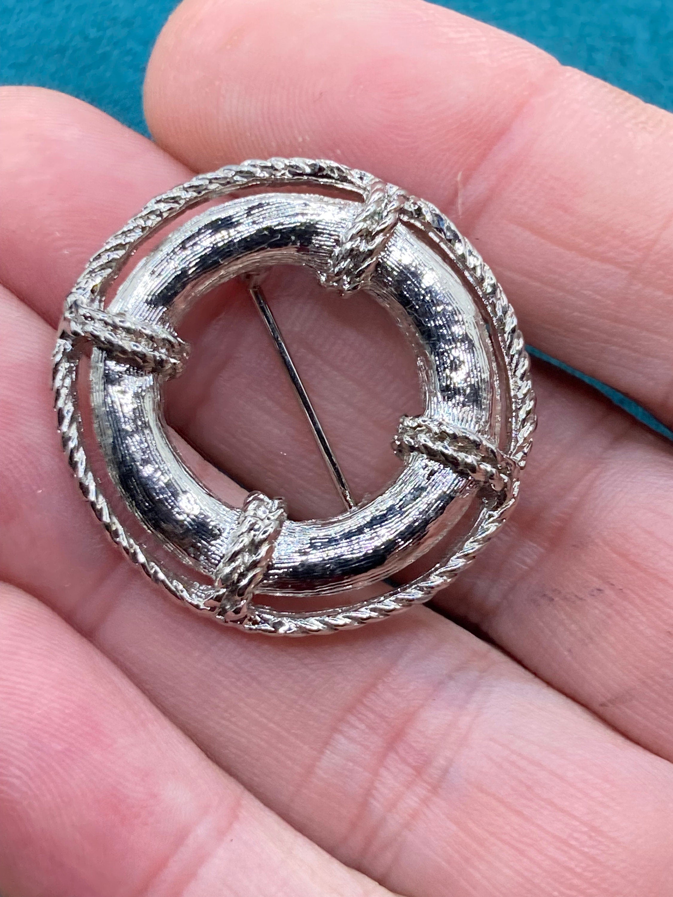 vintage 80s small silver nautical life bouy ring brooch for a blazer 3.5cm