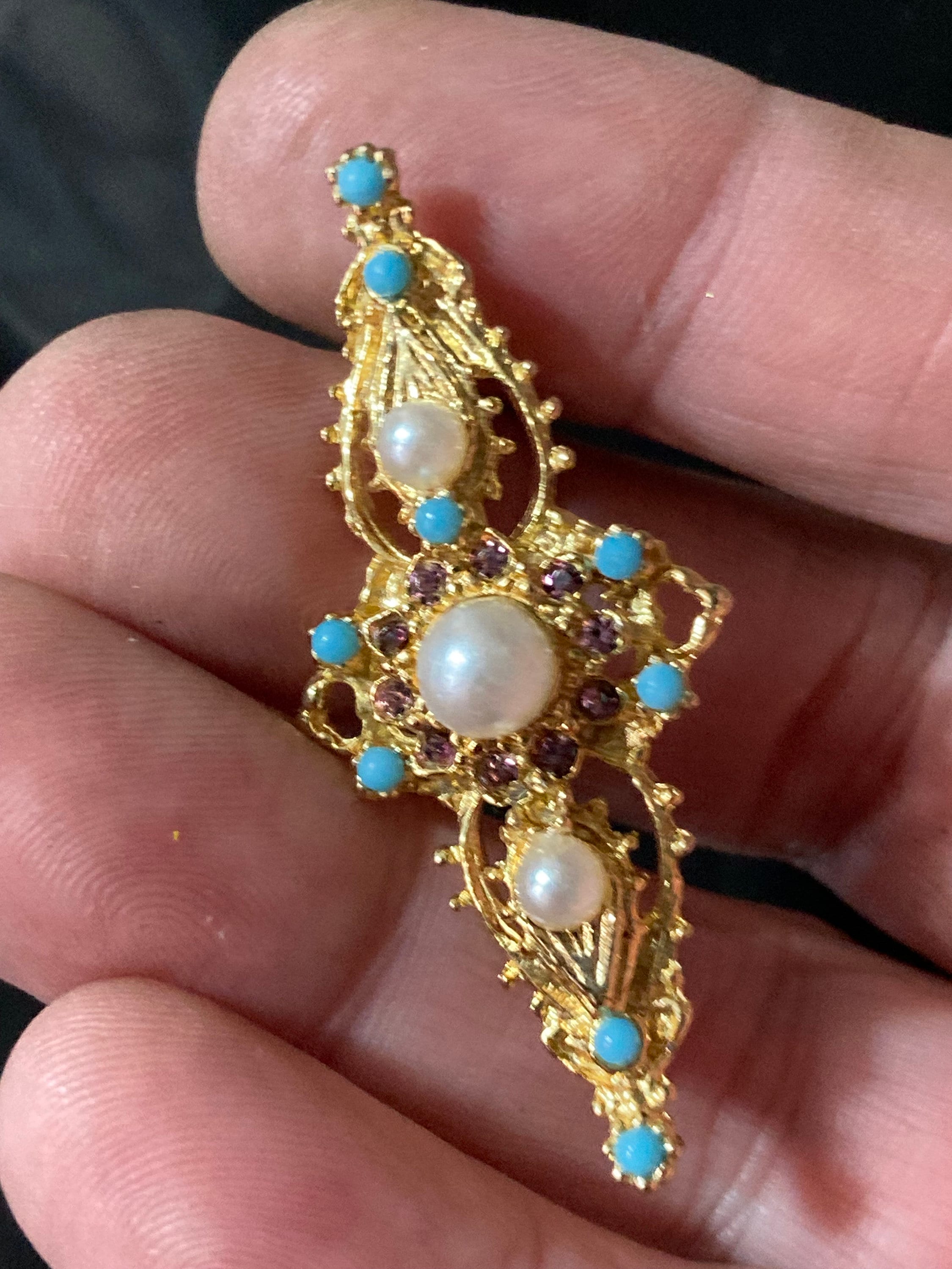 vintage gold tone turquoise bead & seed pearl bar brooch