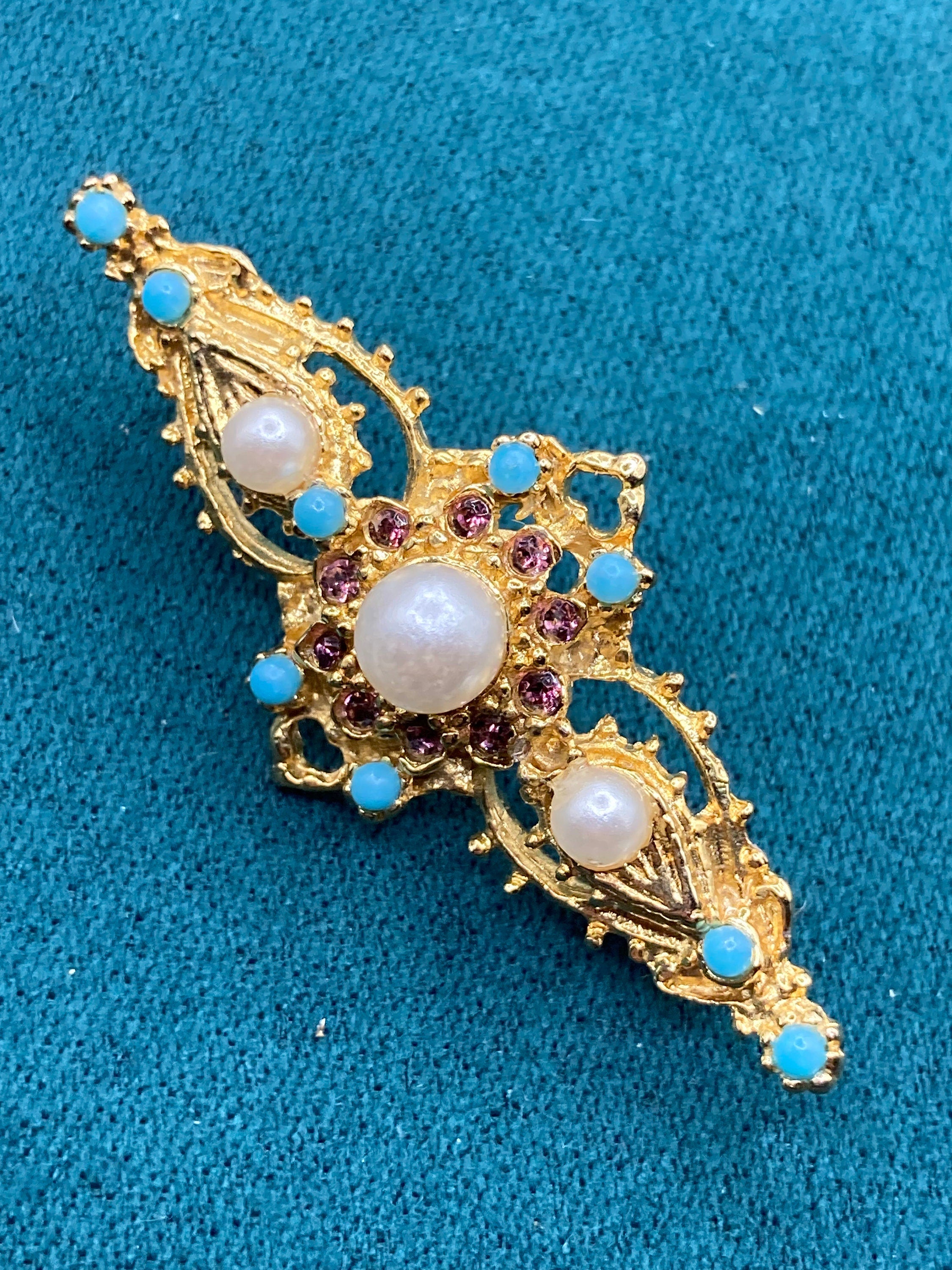 vintage gold tone turquoise bead & seed pearl bar brooch