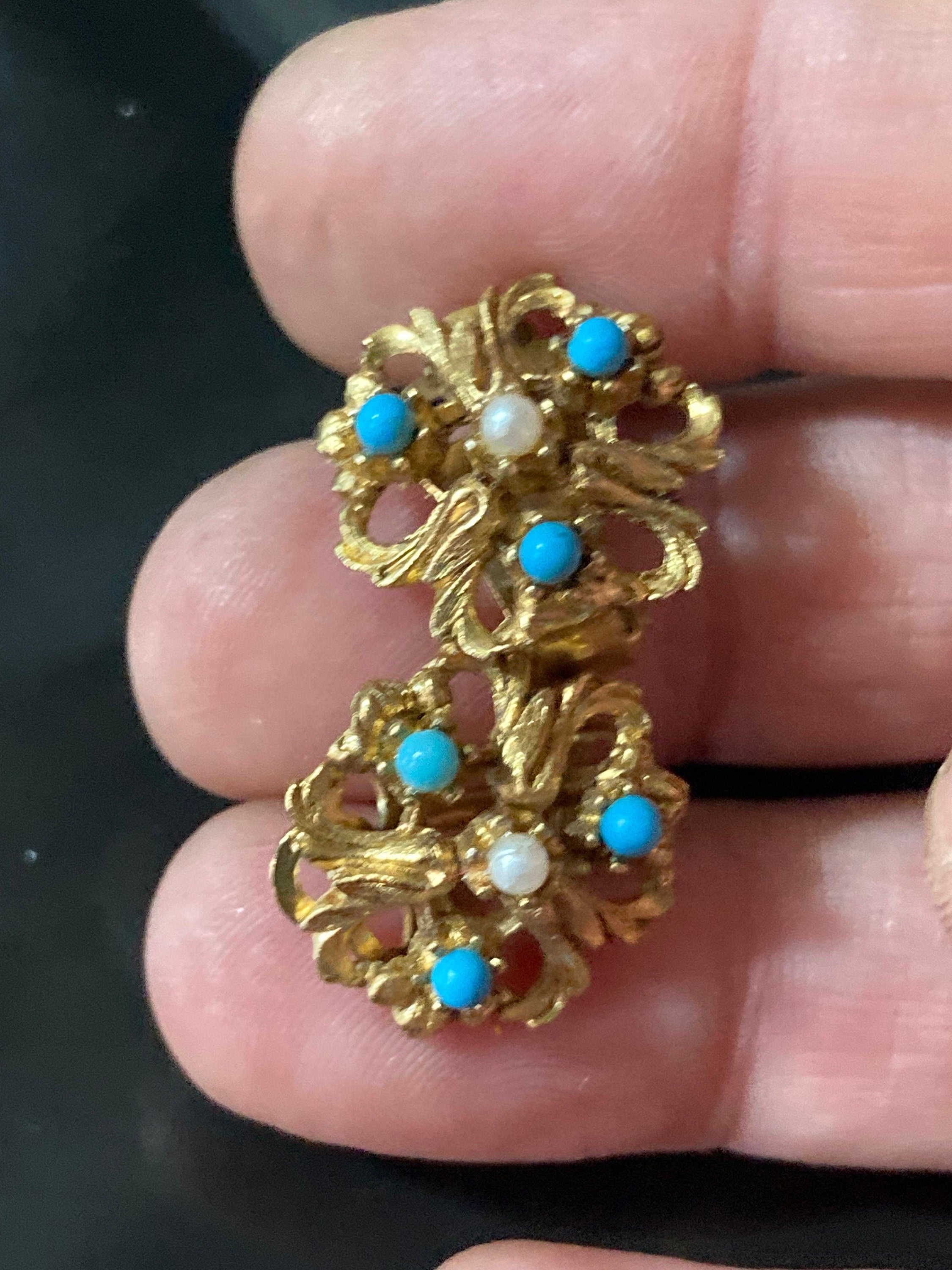 vintage gold tone turquoise bead & seed pearl bar brooch