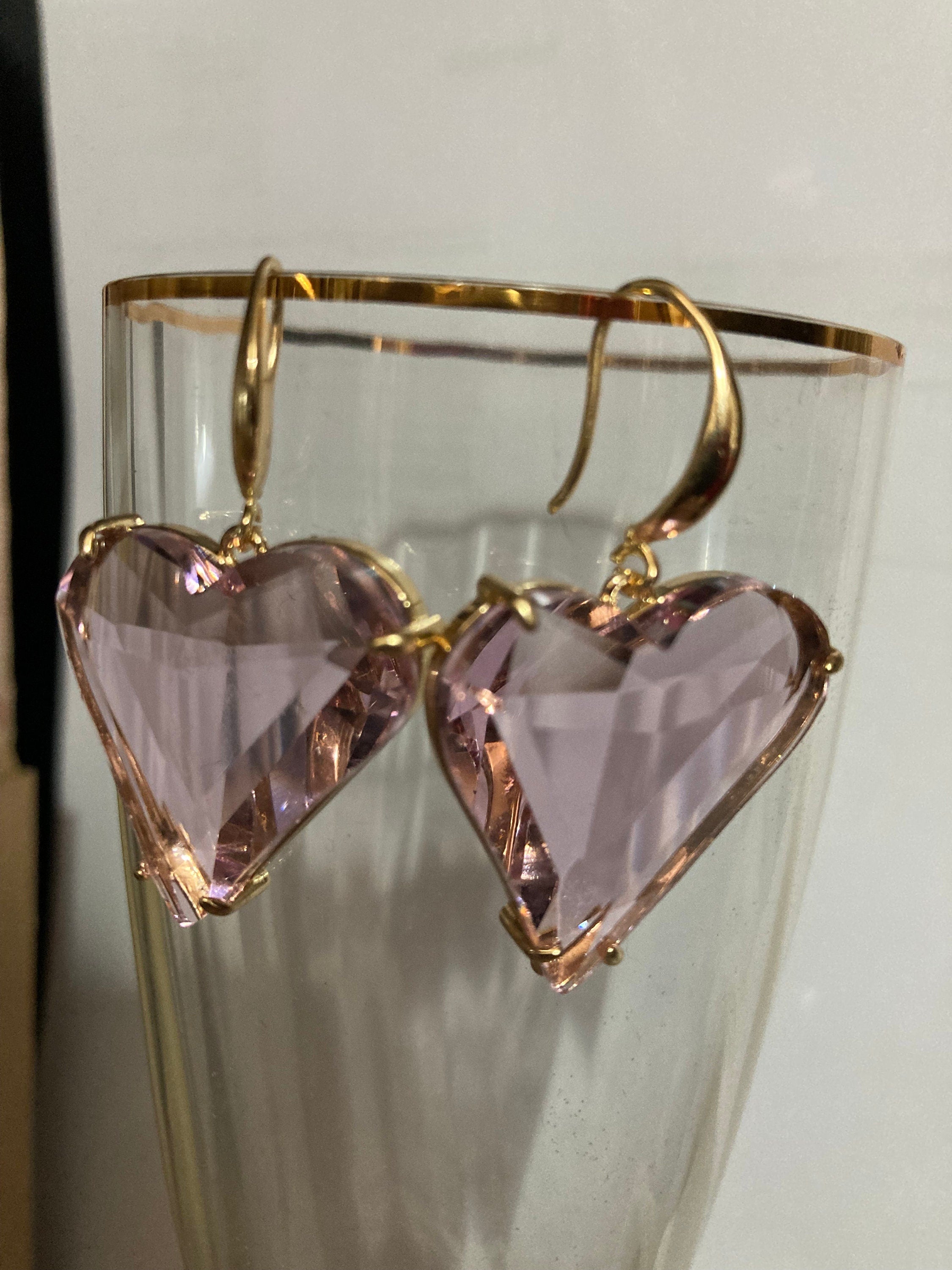 Oversized 18k gold plated pink love heart glass crystal drop charm earrings