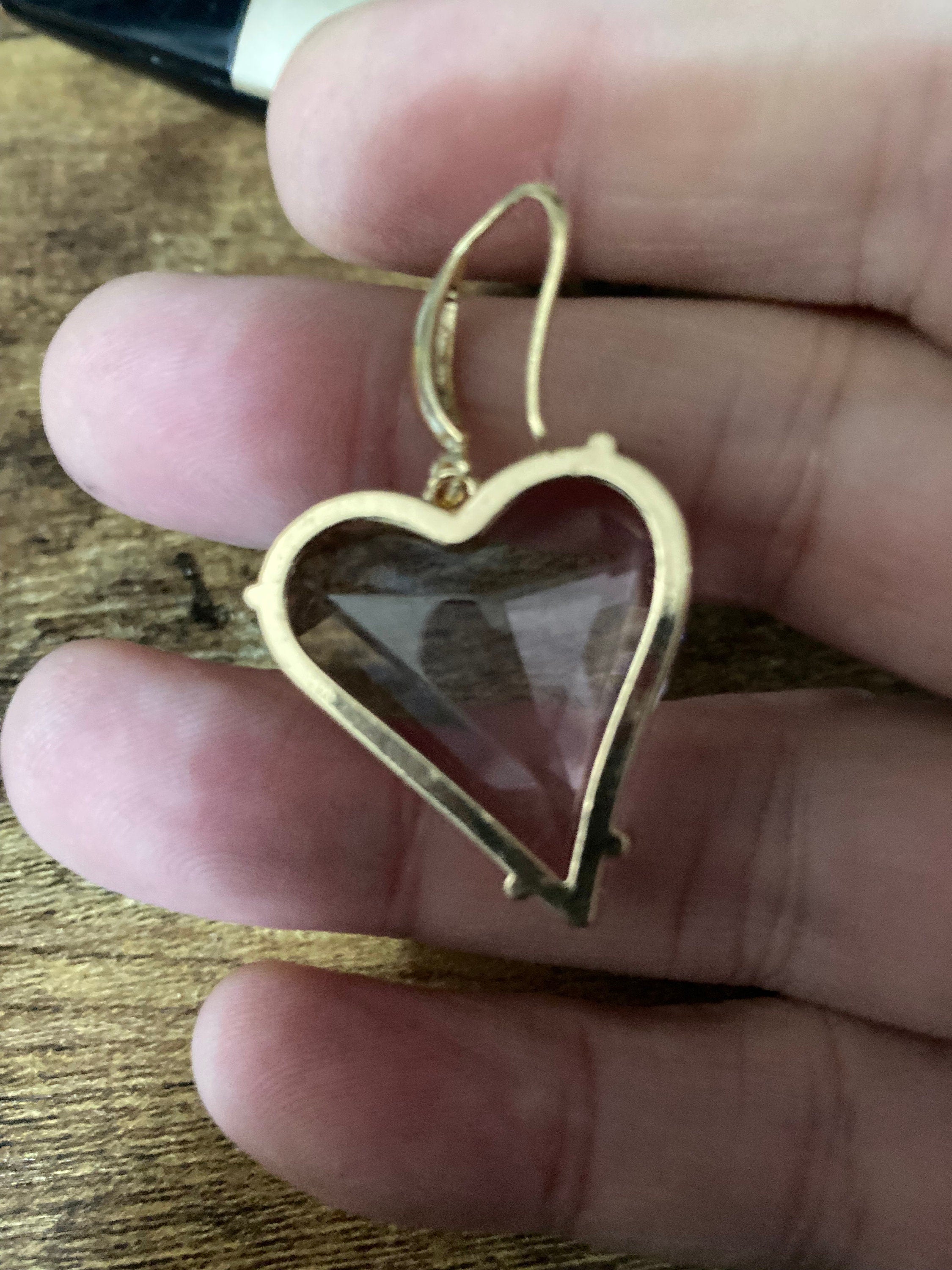 Oversized 18k gold plated pink love heart glass crystal drop charm earrings