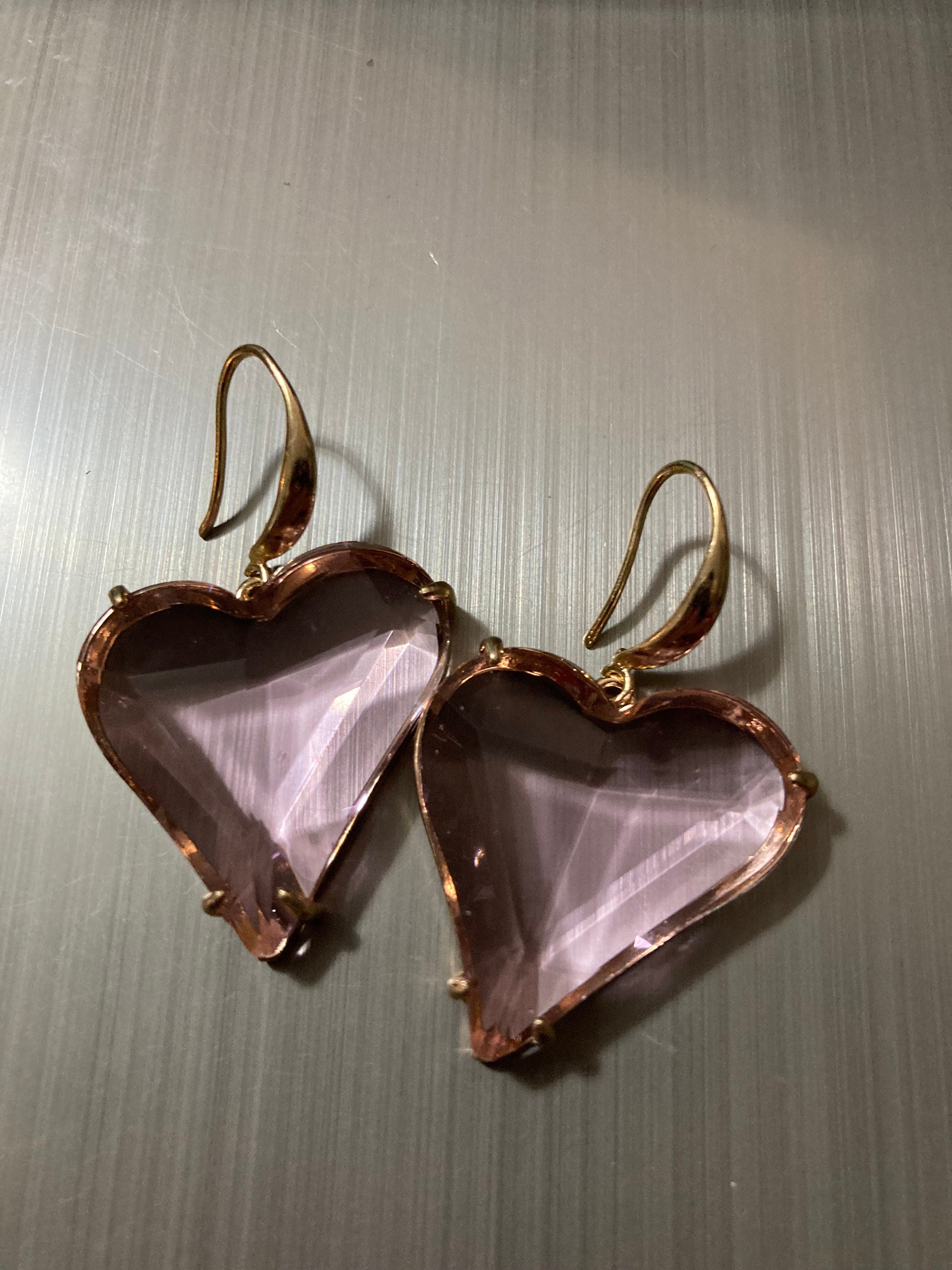 Oversized 18k gold plated pink love heart glass crystal drop charm earrings
