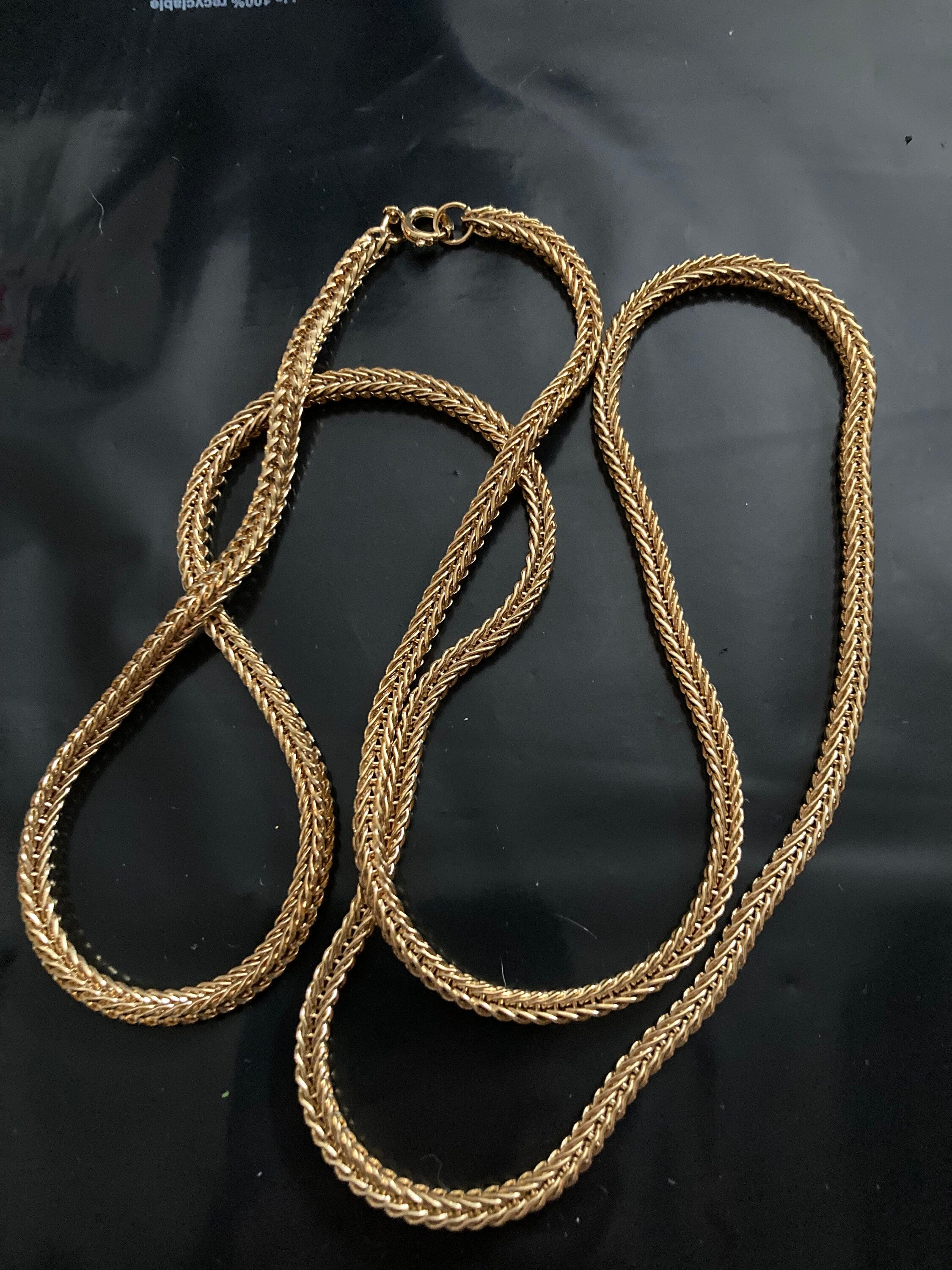 23.5” 78cm long 1980s thick gold plated woven wheat necklace
