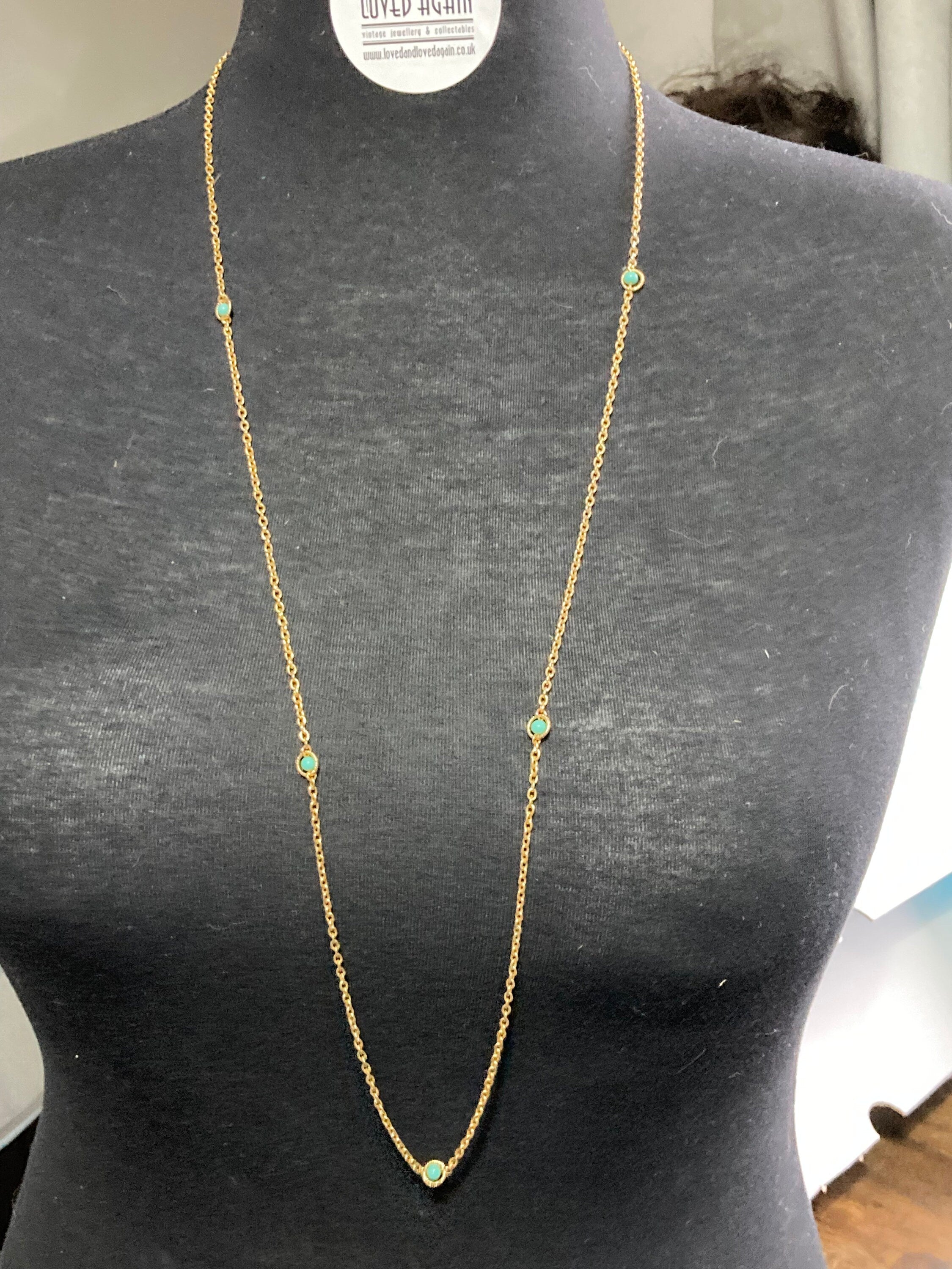 Turquoise Bead long gold chain Necklace - Layering 1980s