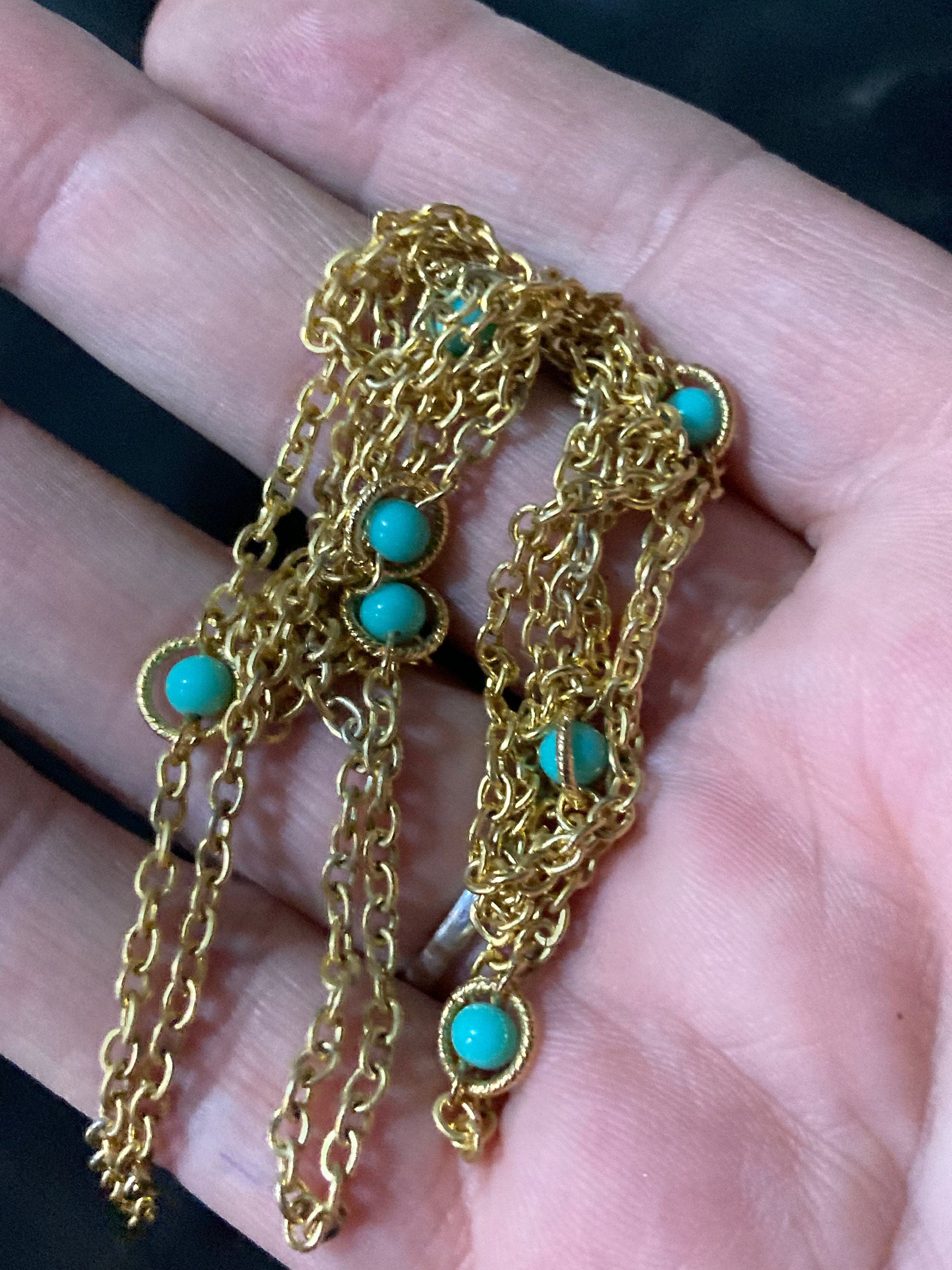 Turquoise Bead long gold chain Necklace - Layering 1980s