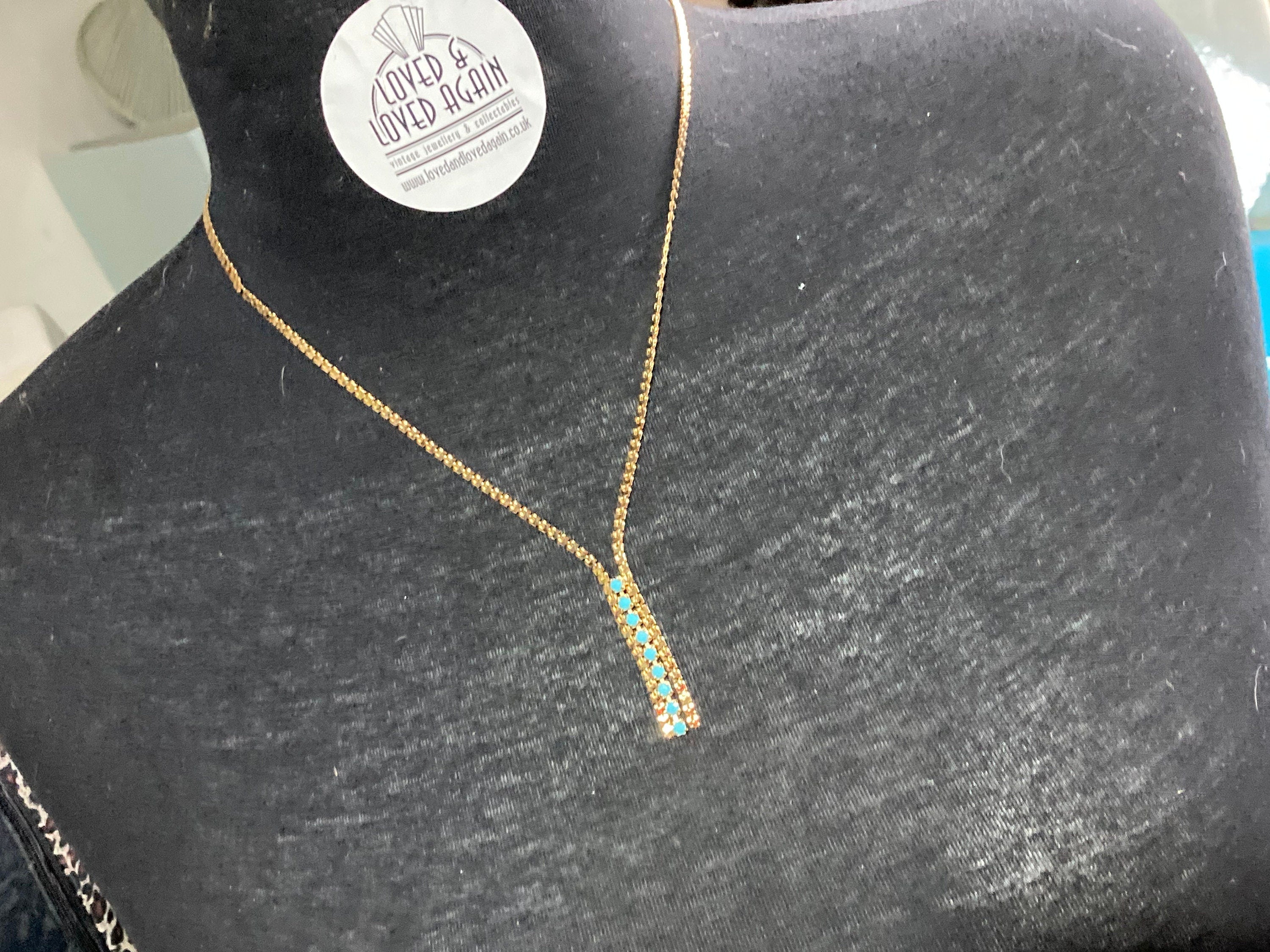1970s Gold plated gold plated turquoise blue diamanté drop necklace vintage