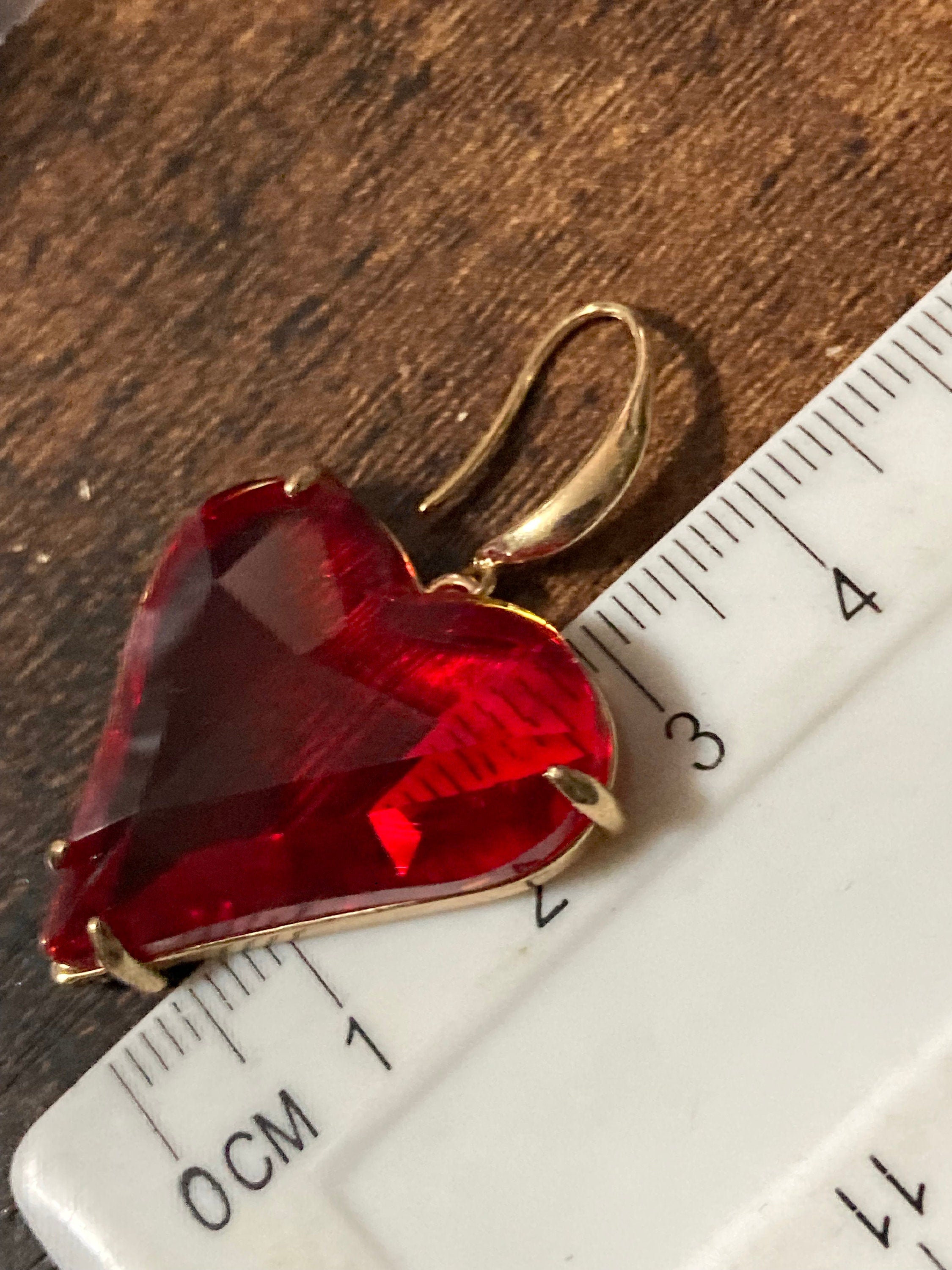 Big Red Crystal Heart Drop Earrings, gold plated