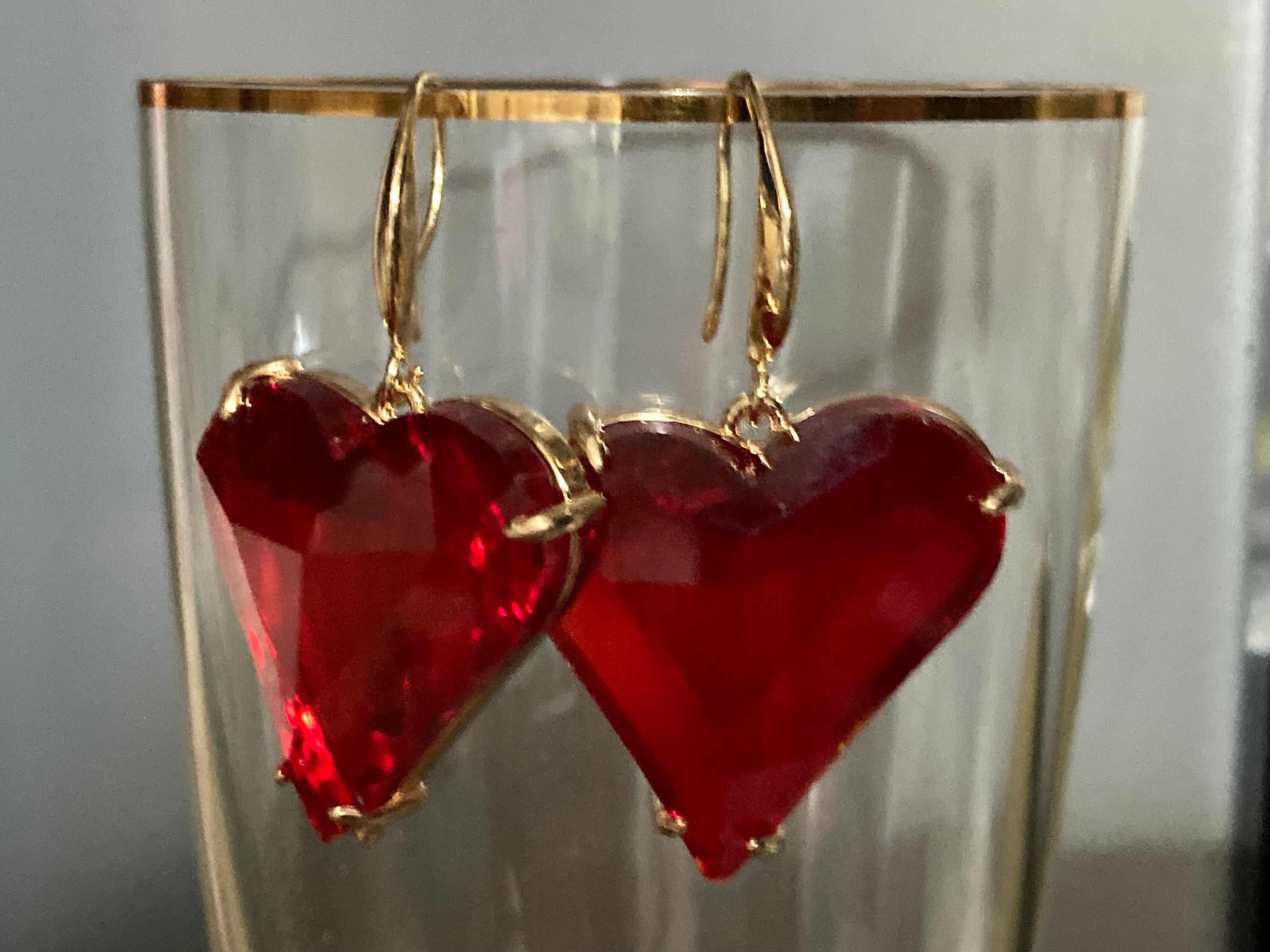 Big Red Crystal Heart Drop Earrings, gold plated