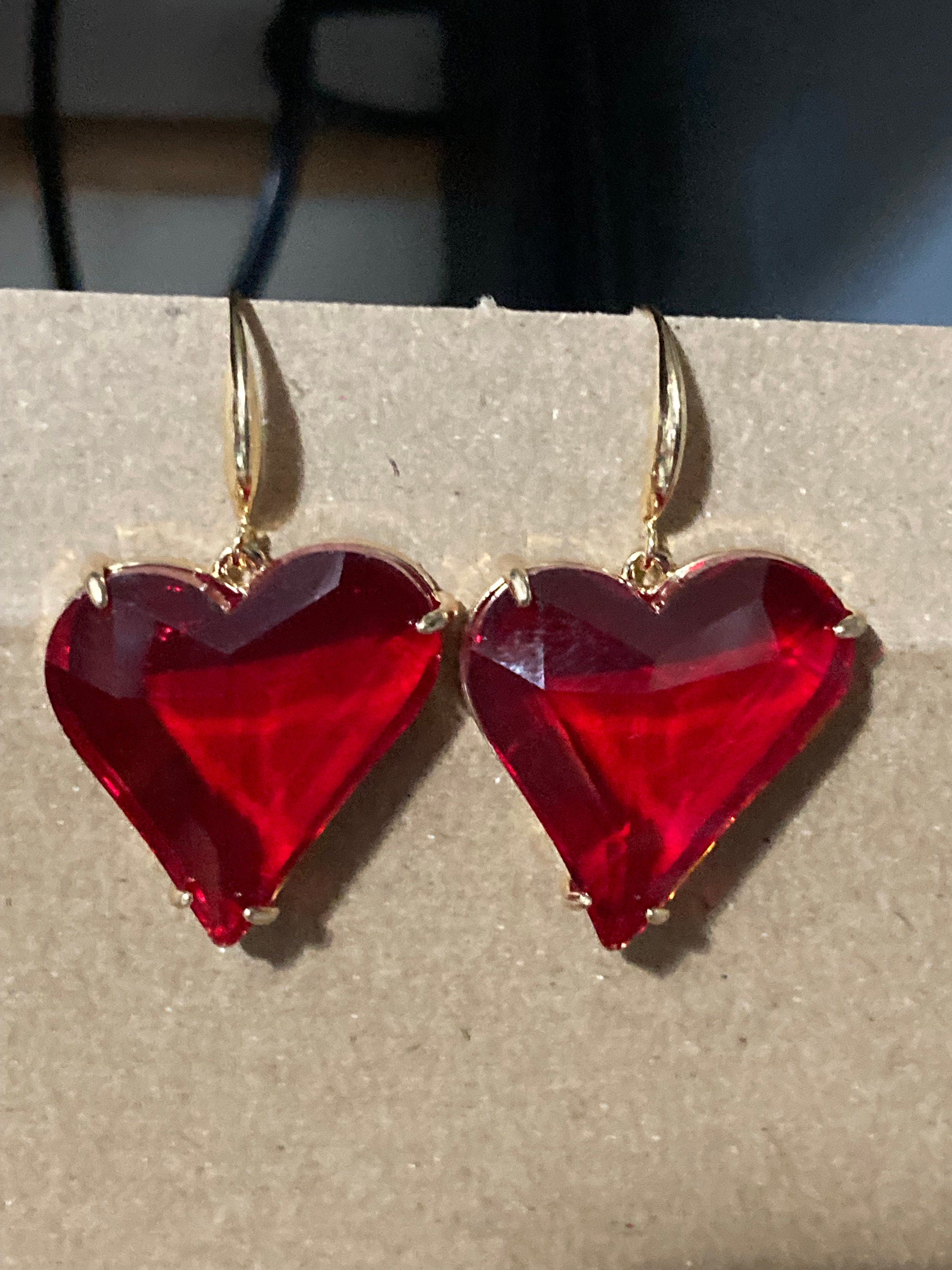 Big Red Crystal Heart Drop Earrings, gold plated