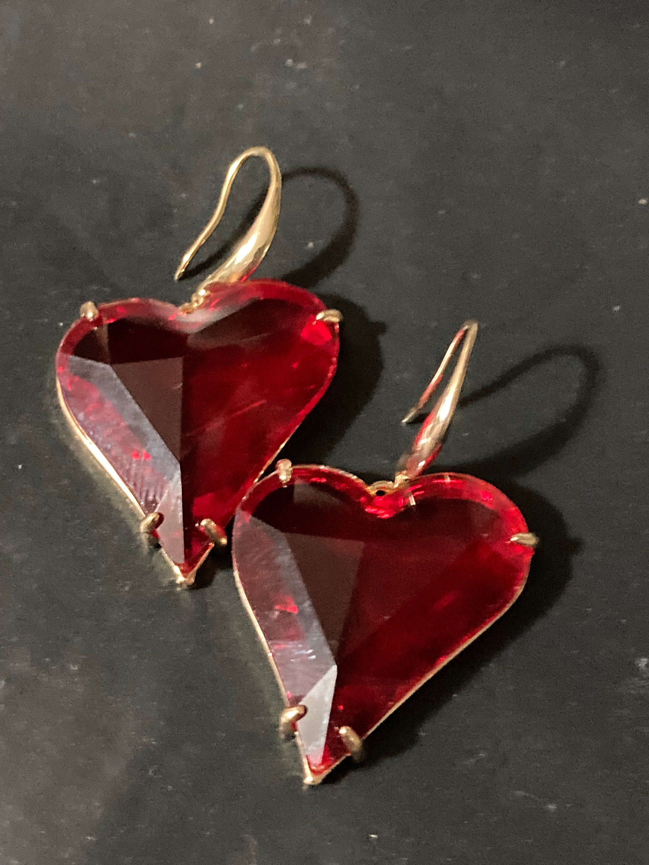 Big Red Crystal Heart Drop Earrings, gold plated