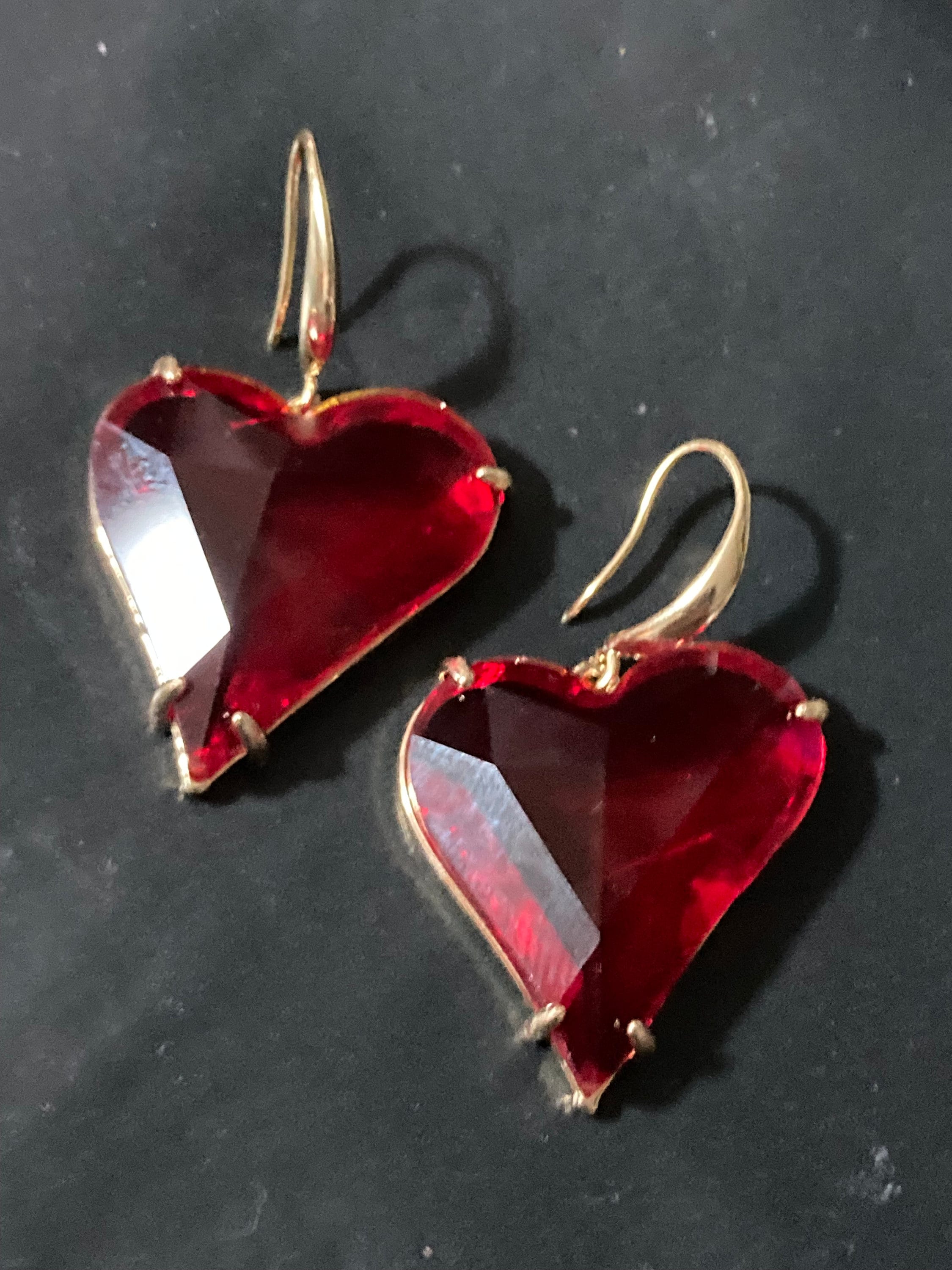 Big Red Crystal Heart Drop Earrings, gold plated