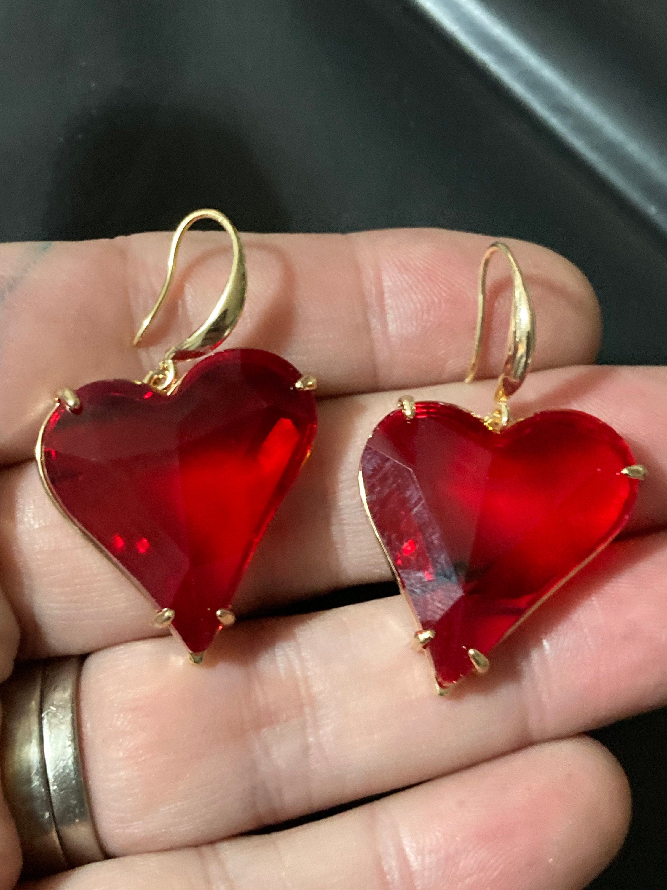 Big Red Crystal Heart Drop Earrings, gold plated