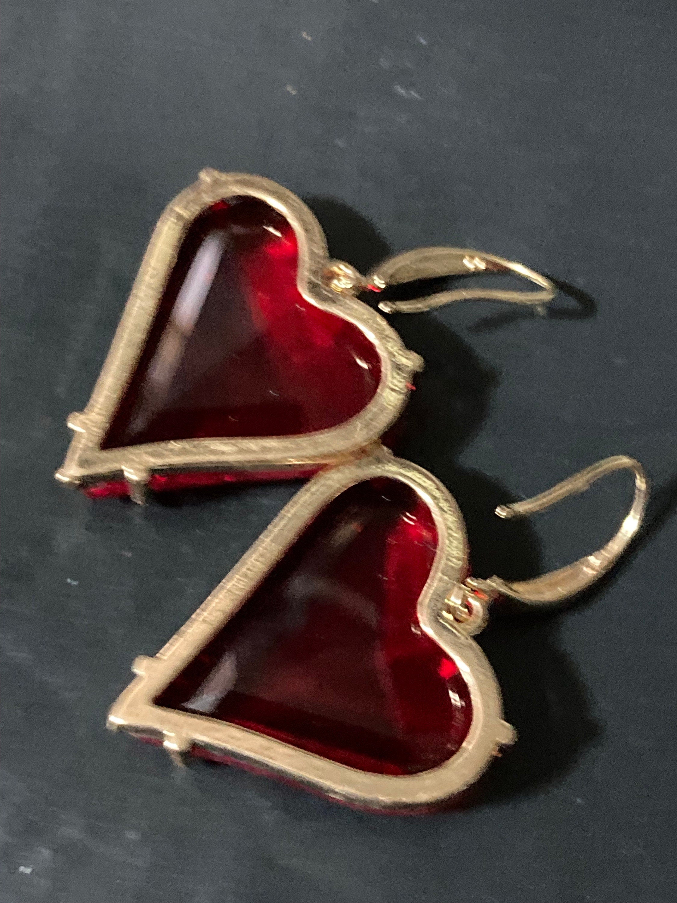 Big Red Crystal Heart Drop Earrings, gold plated