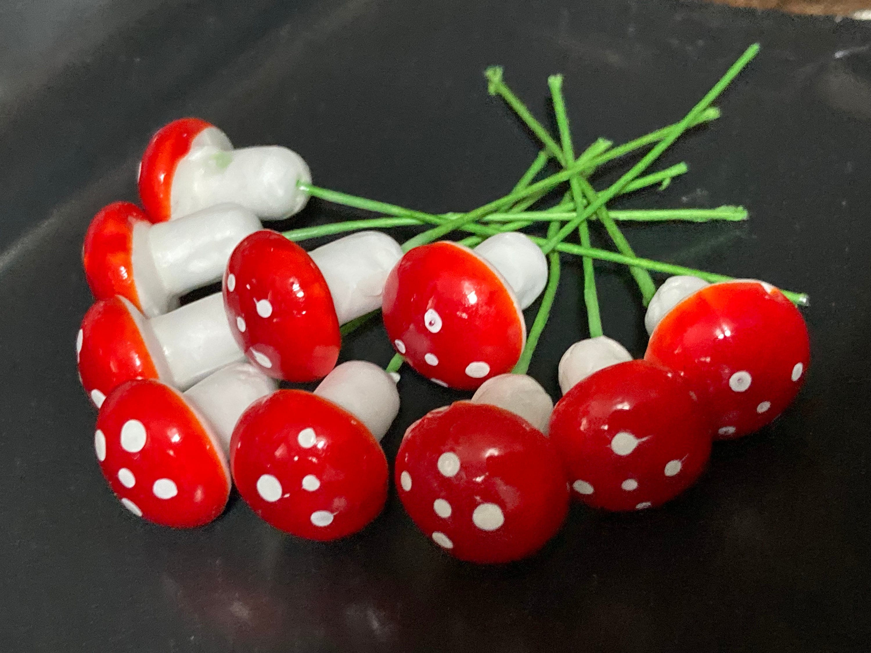 10 Miniature Red Toadstool Cake Toppers: Woodland Scenery