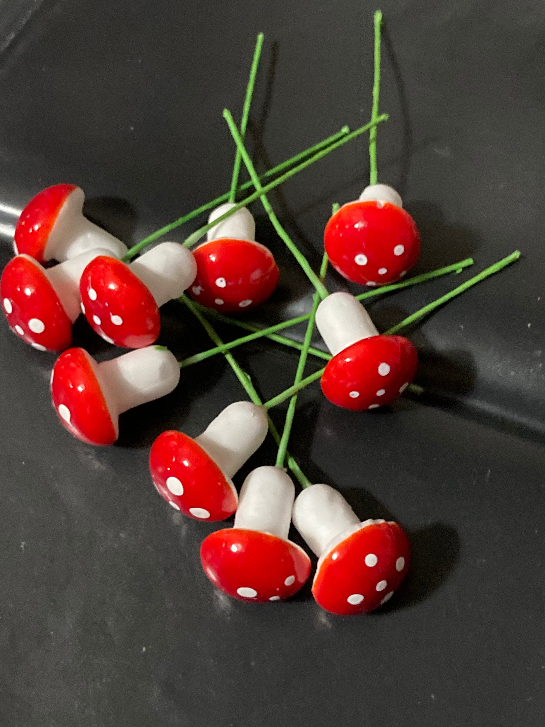 10 Miniature Red Toadstool Cake Toppers: Woodland Scenery