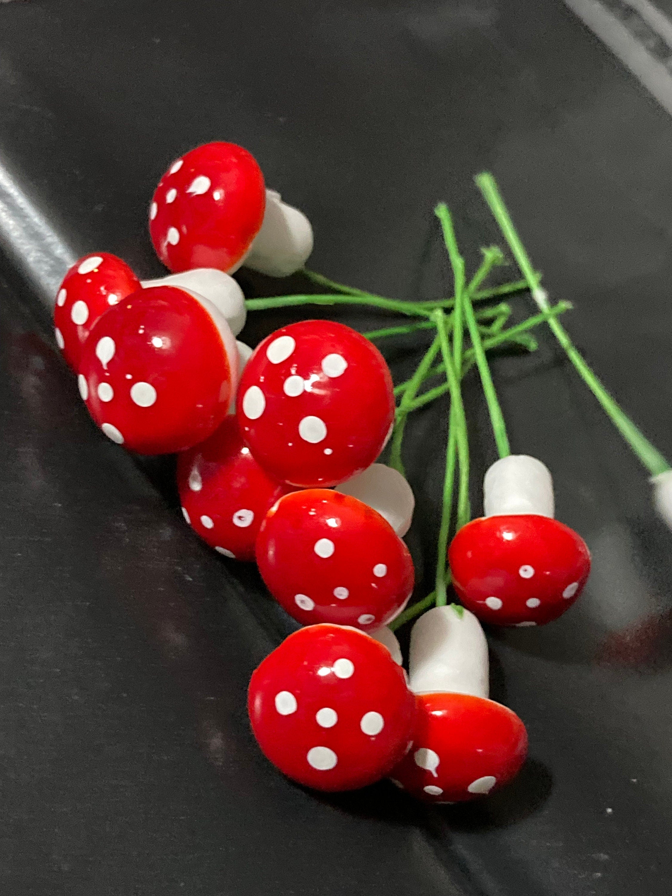 10 Miniature Red Toadstool Cake Toppers: craft supplies Woodland Scenery