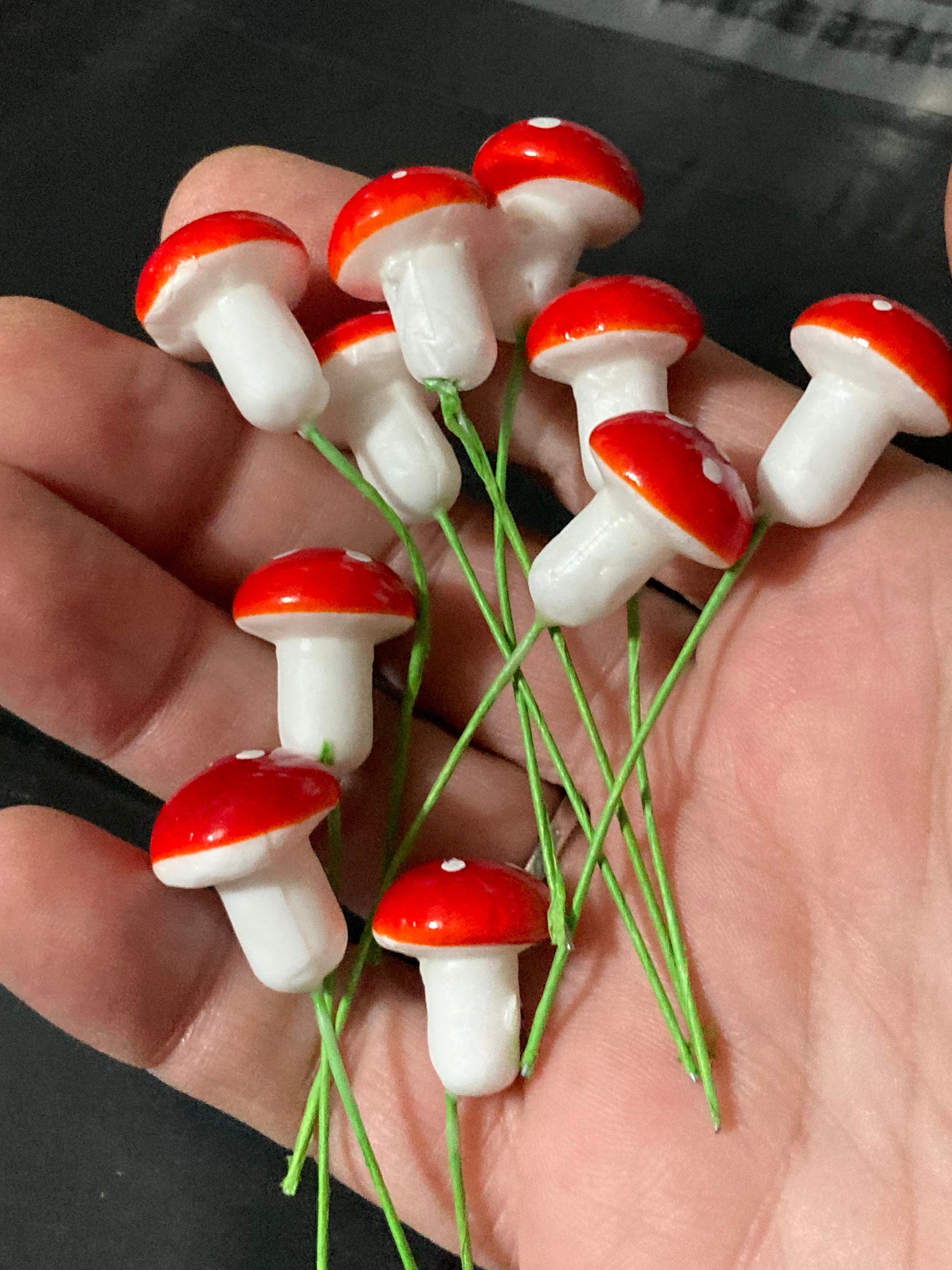 10 Miniature Red Toadstool Cake Toppers: Woodland Scenery