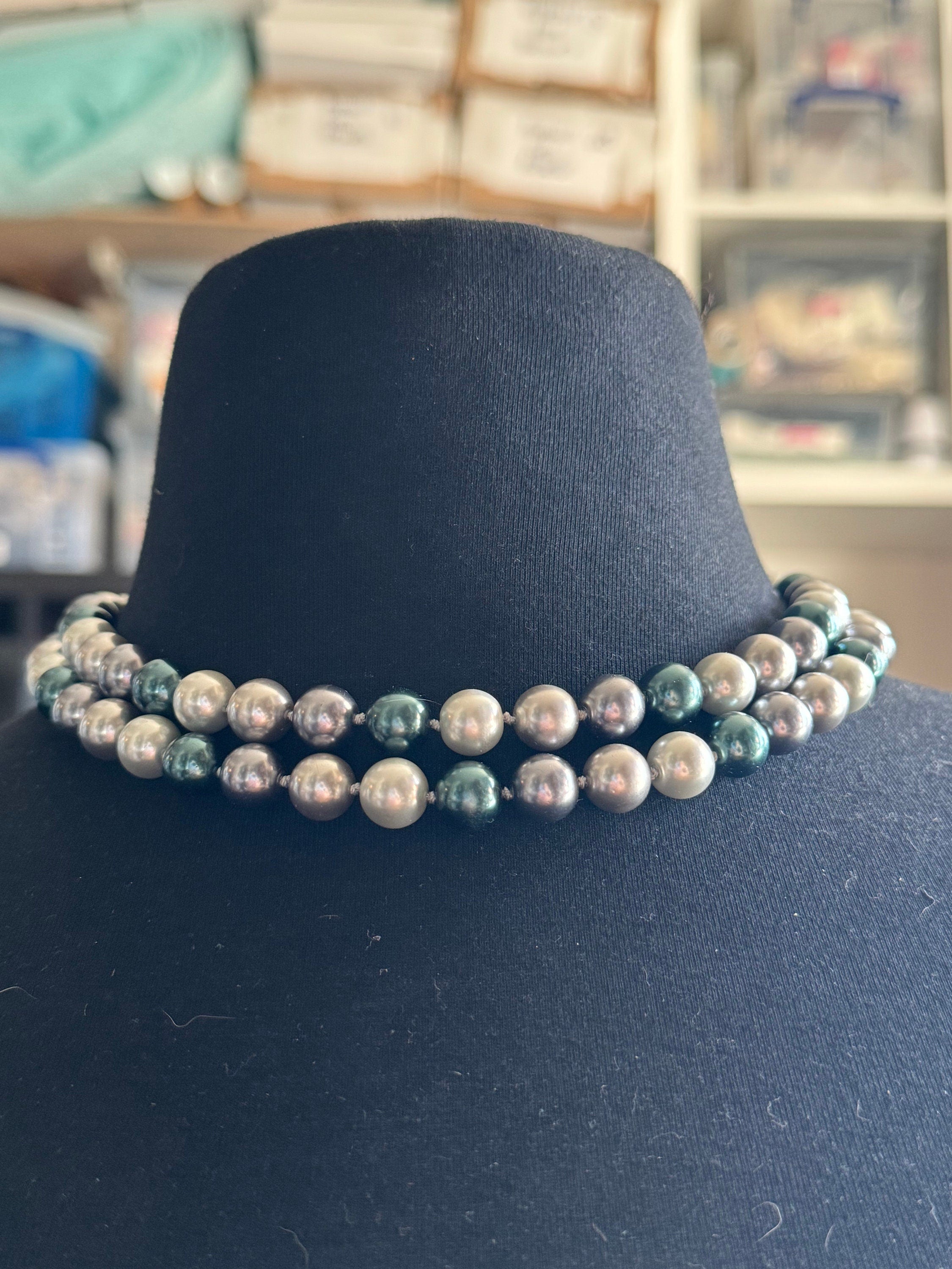 signed KJL grey glass pearl 2 row beaded necklace Kenneth jay lane adjustable