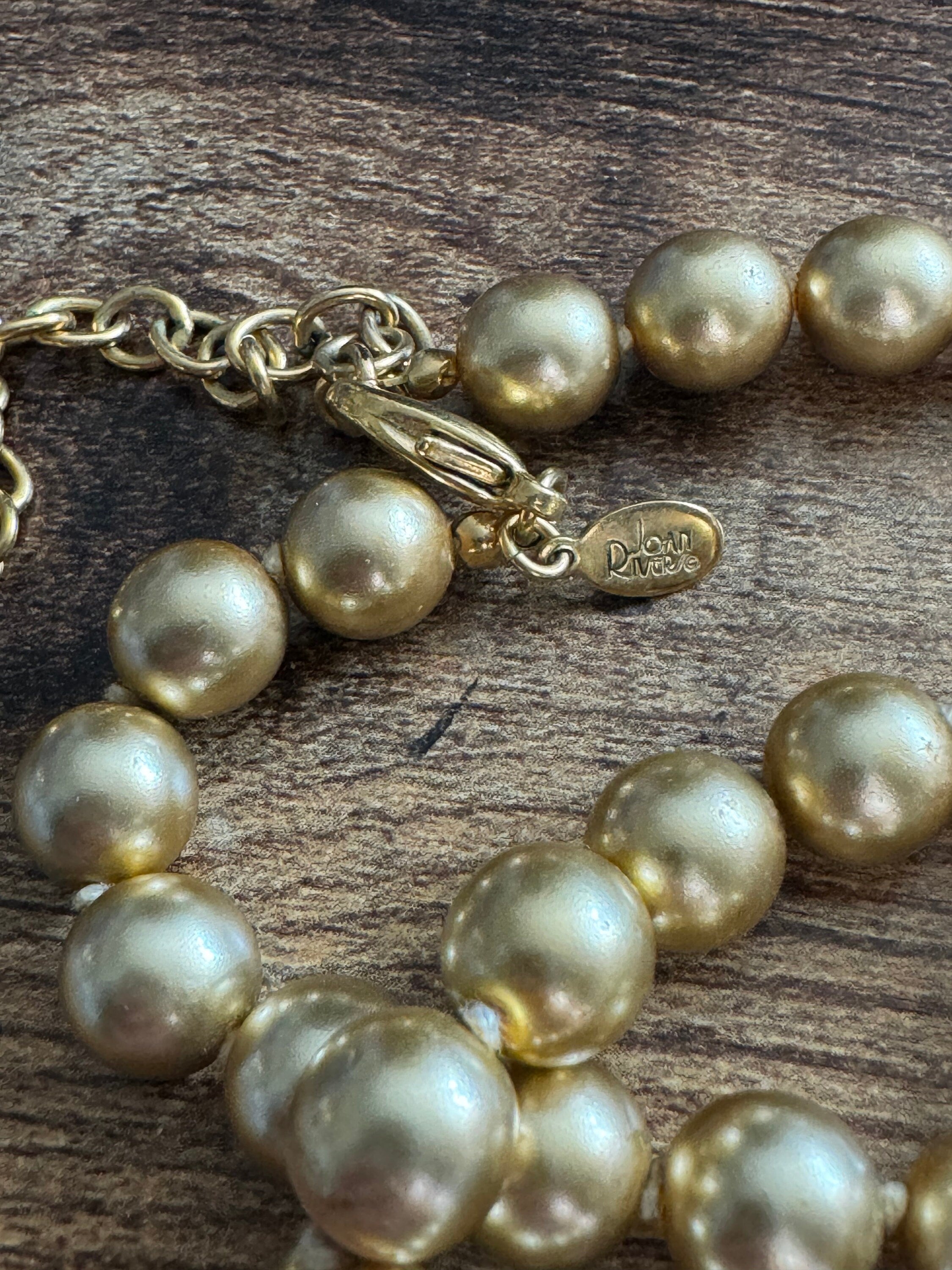 Signed Joan Rivers long gold faux glass pearl beaded necklace 75-84cm