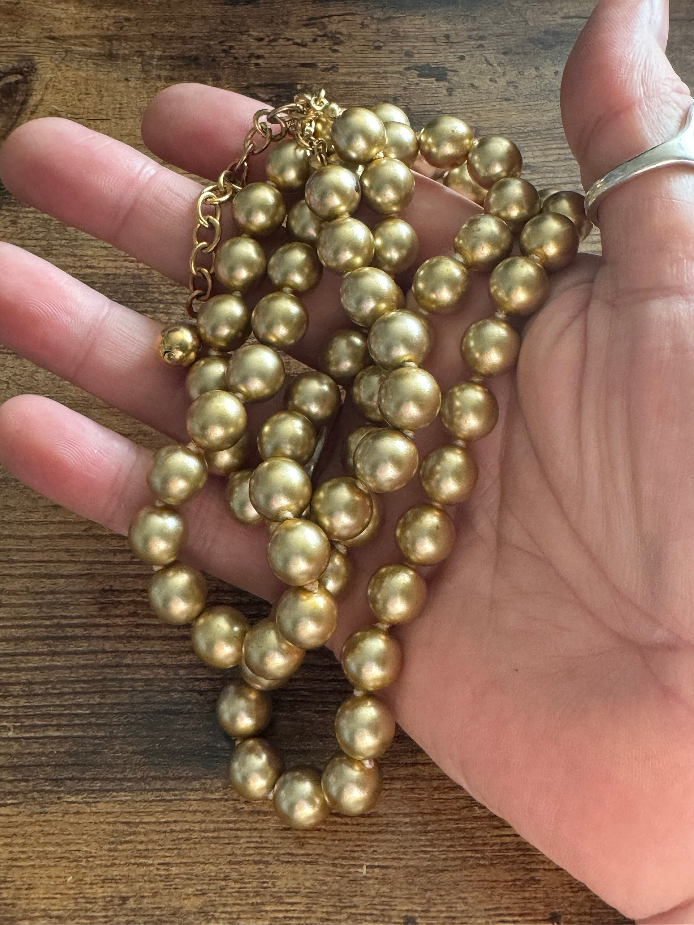 Signed Joan Rivers long gold faux glass pearl beaded necklace 75-84cm