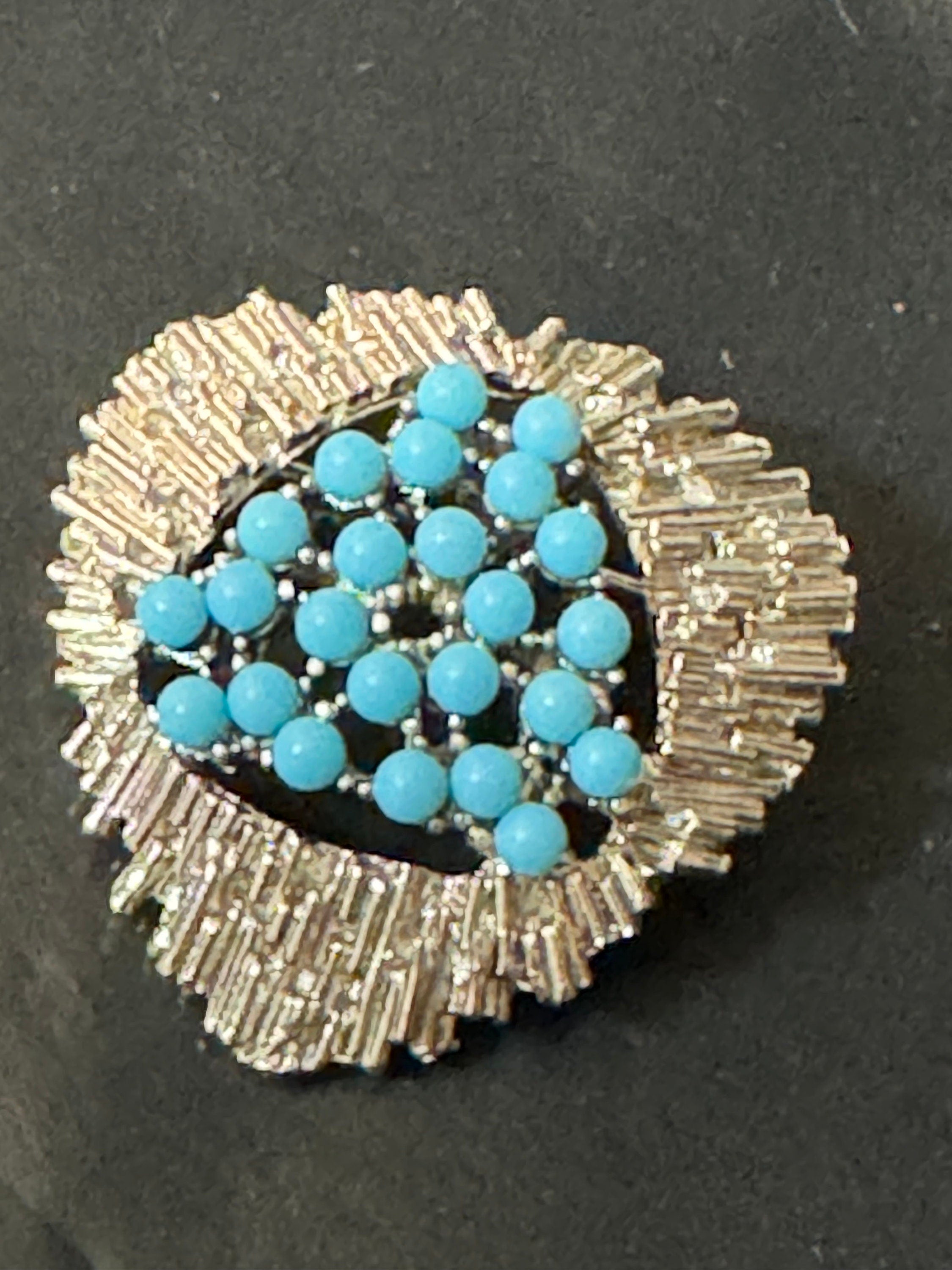 True vintage 1970s modernist silver abstract triangular brutalist brooch with turquoise cabochons 3.5cm