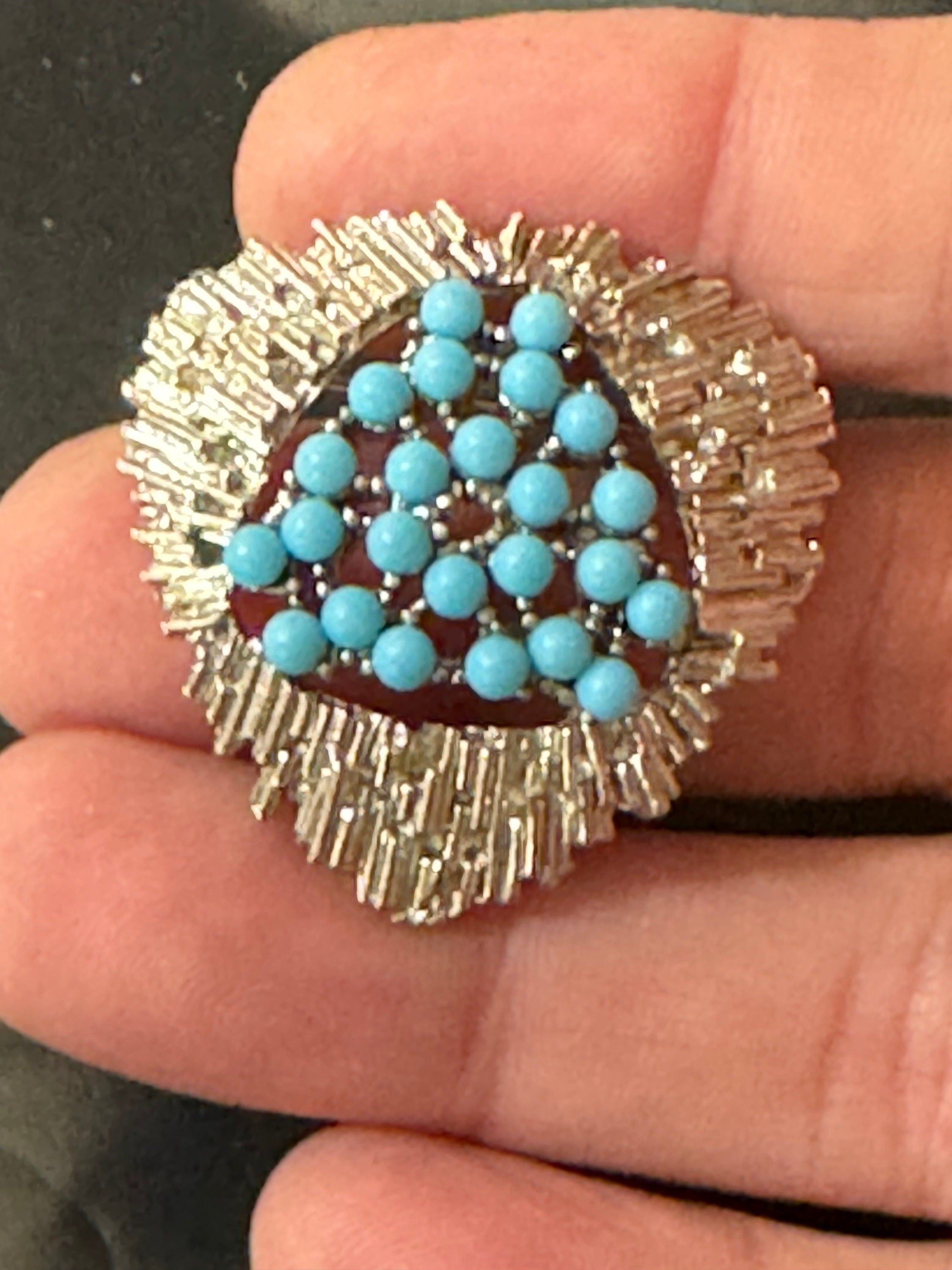 True vintage 1970s modernist silver abstract triangular brutalist brooch with turquoise cabochons 3.5cm