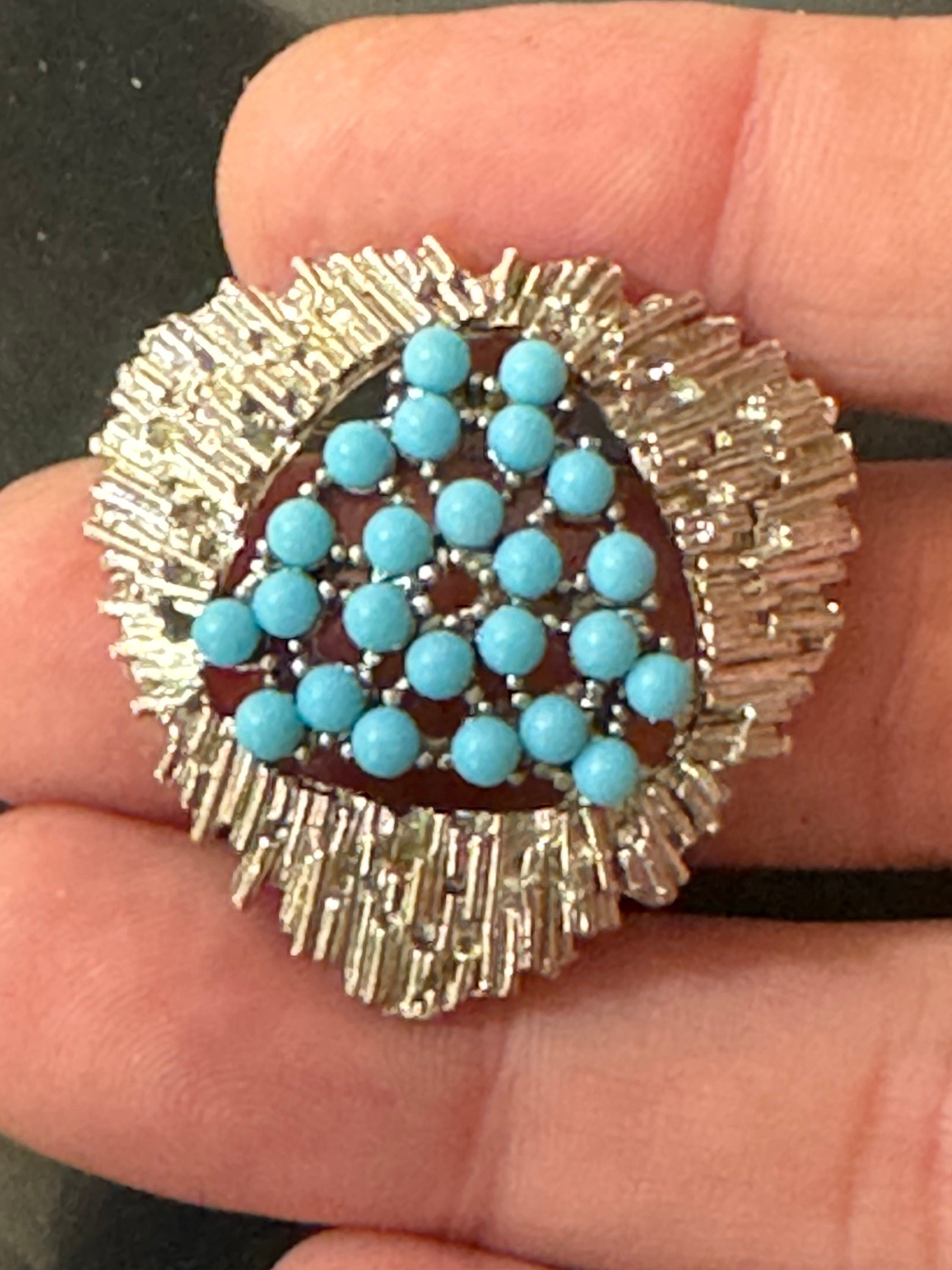 True vintage 1970s modernist silver abstract triangular brutalist brooch with turquoise cabochons 3.5cm