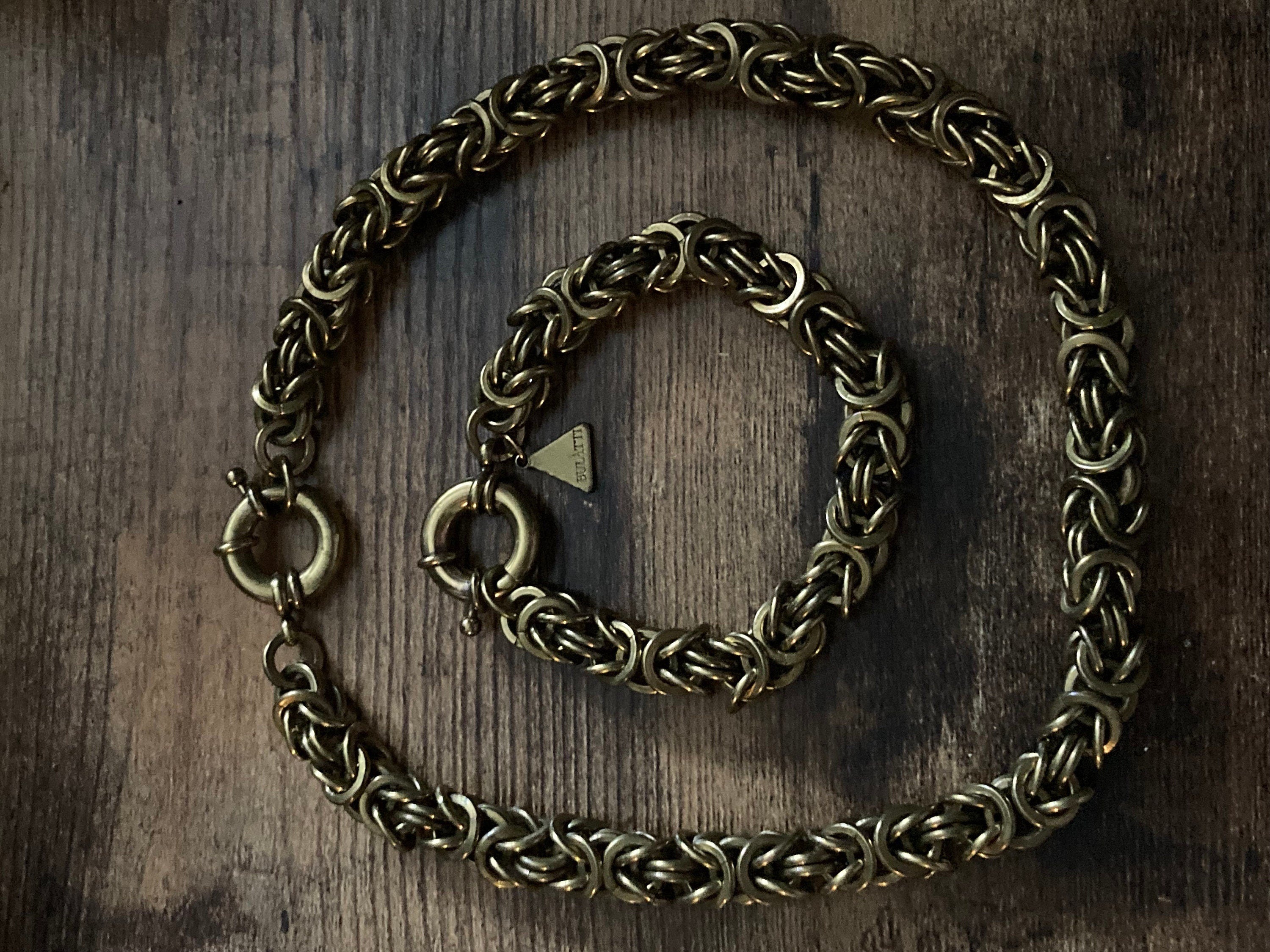 Signed BULATTI modernist designer antique gold tone thick woven necklace and bracelet jewellery set