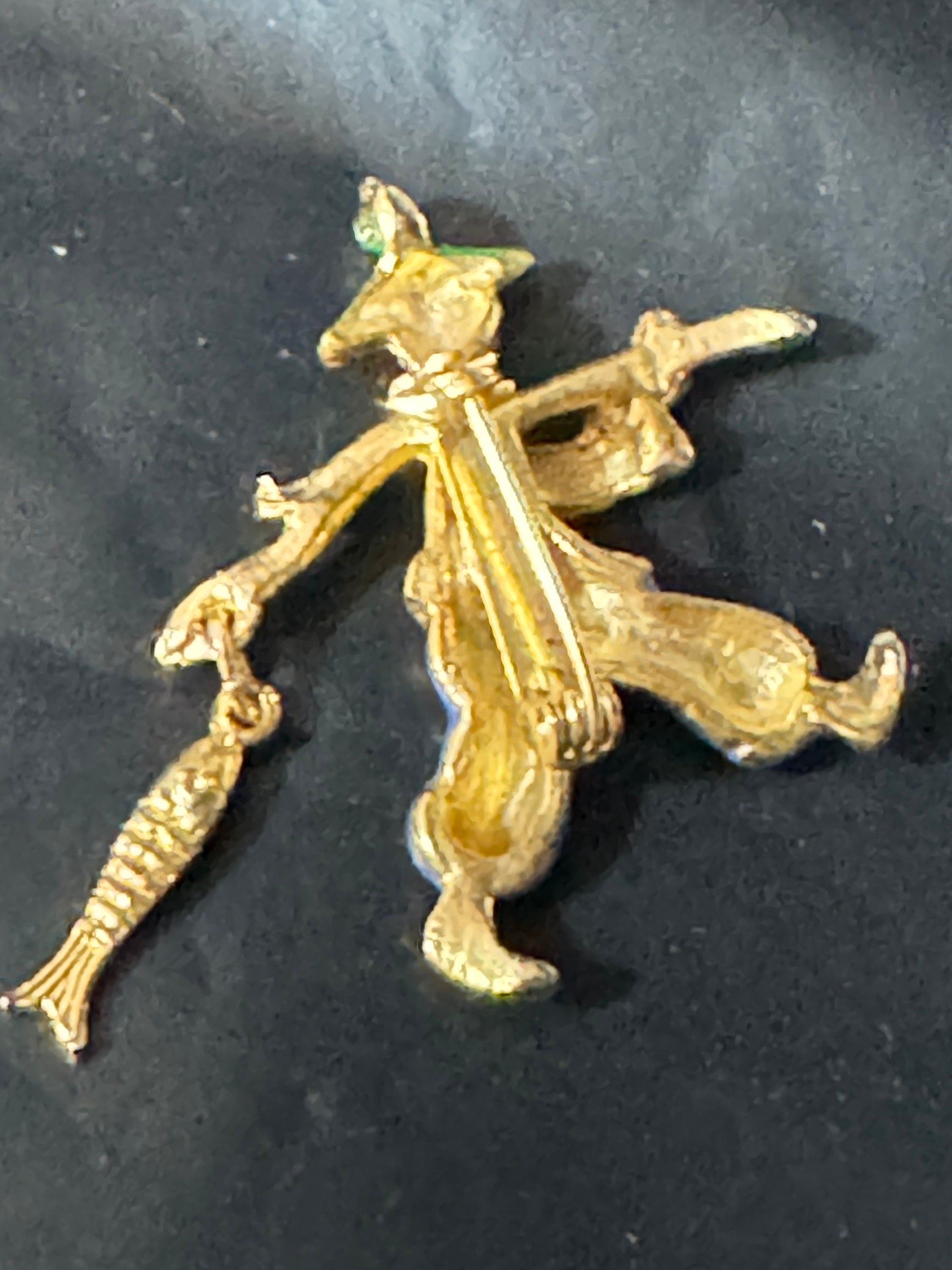 Vintage blue yellow green enamel China man Chinese fisherman dangly fish brooch 1960s