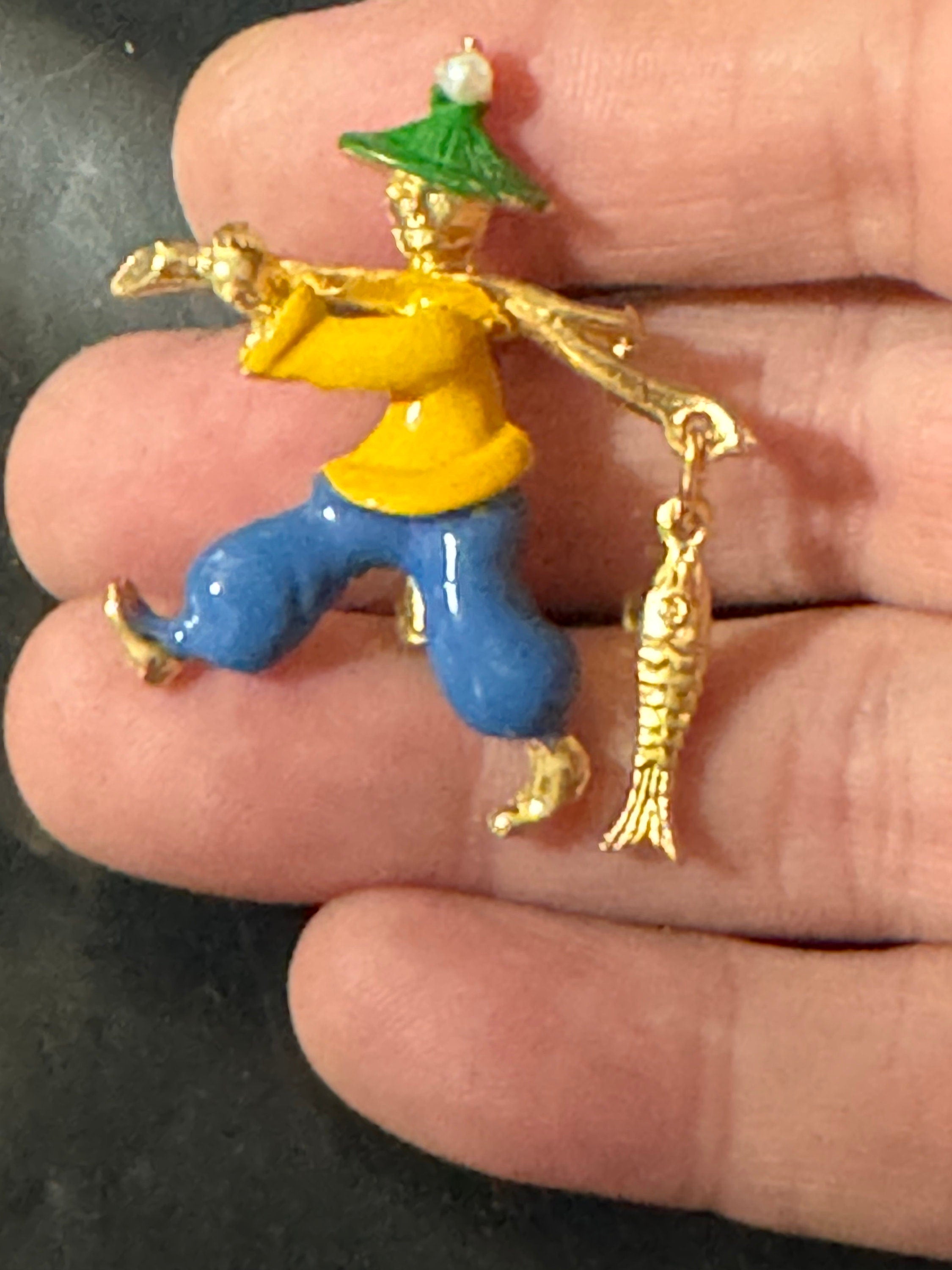 Vintage blue yellow green enamel China man Chinese fisherman dangly fish brooch 1960s