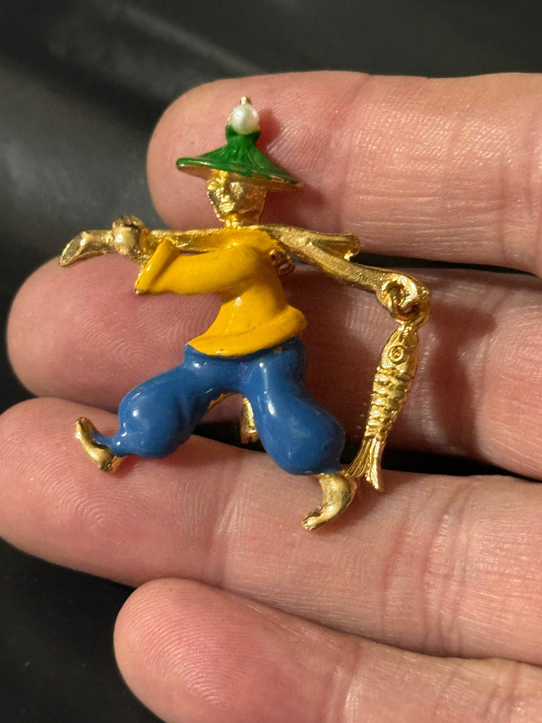 Vintage blue yellow green enamel China man Chinese fisherman dangly fish brooch 1960s