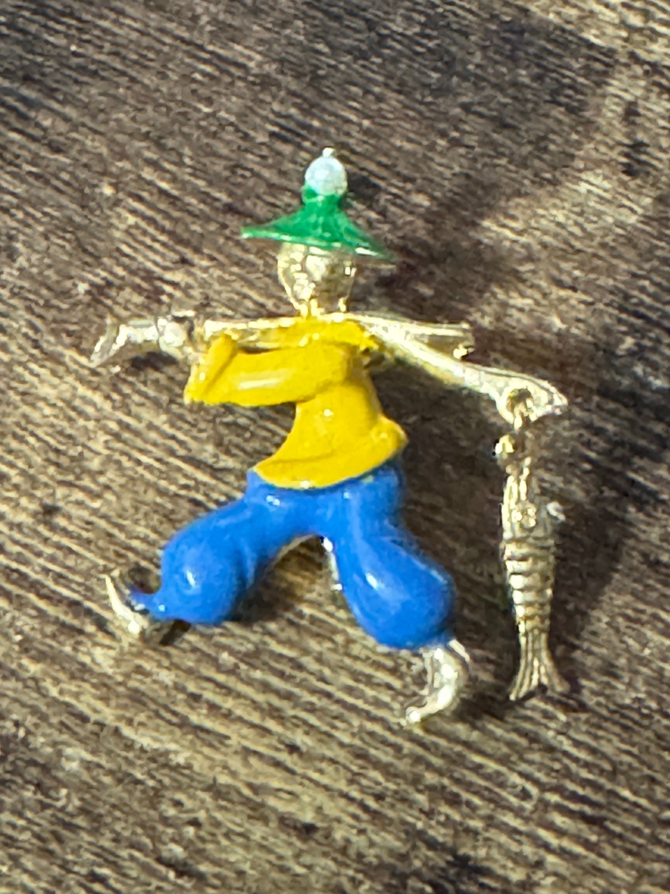 Vintage blue yellow green enamel China man Chinese fisherman dangly fish brooch 1960s