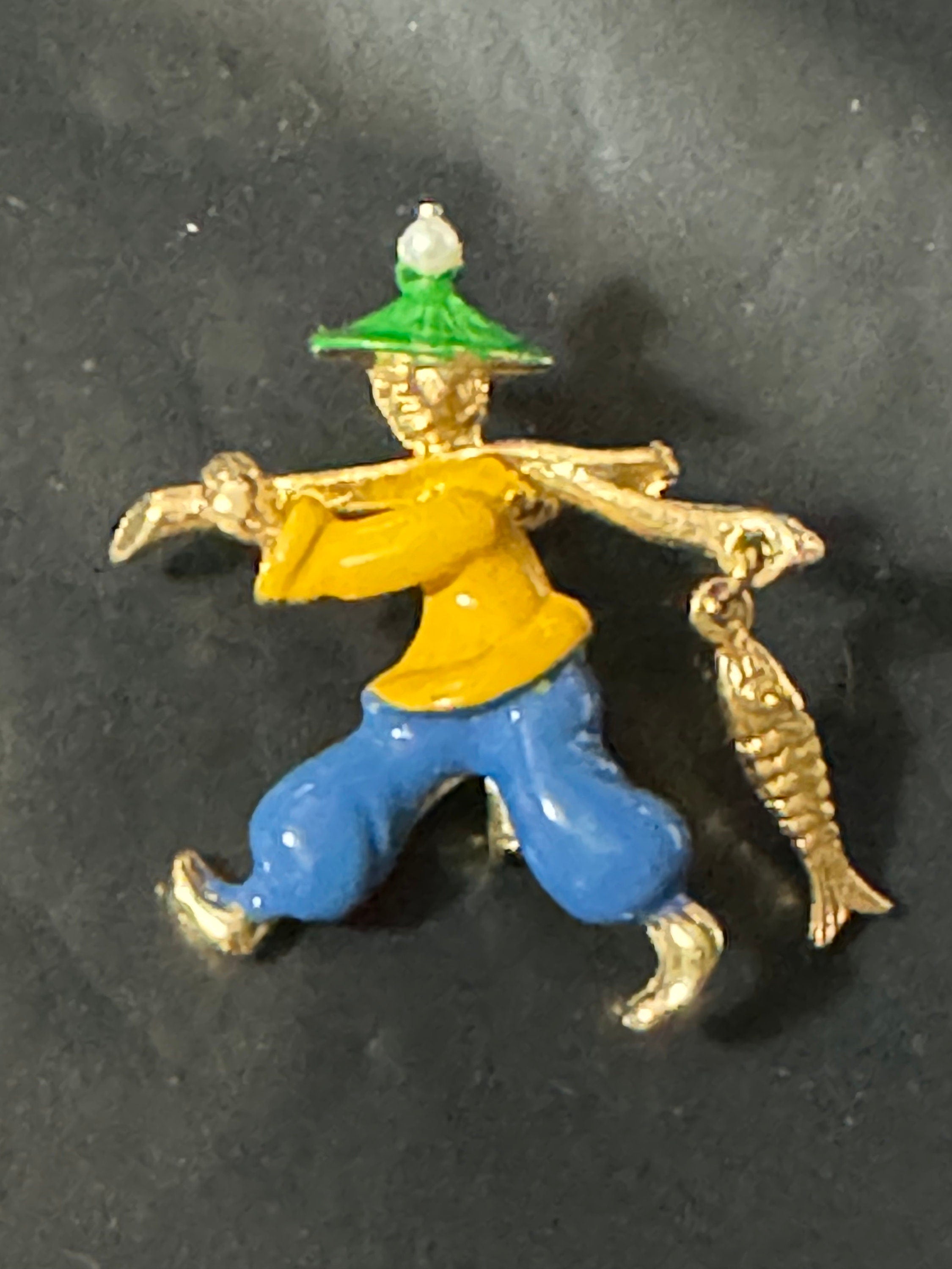 Vintage blue yellow green enamel China man Chinese fisherman dangly fish brooch 1960s