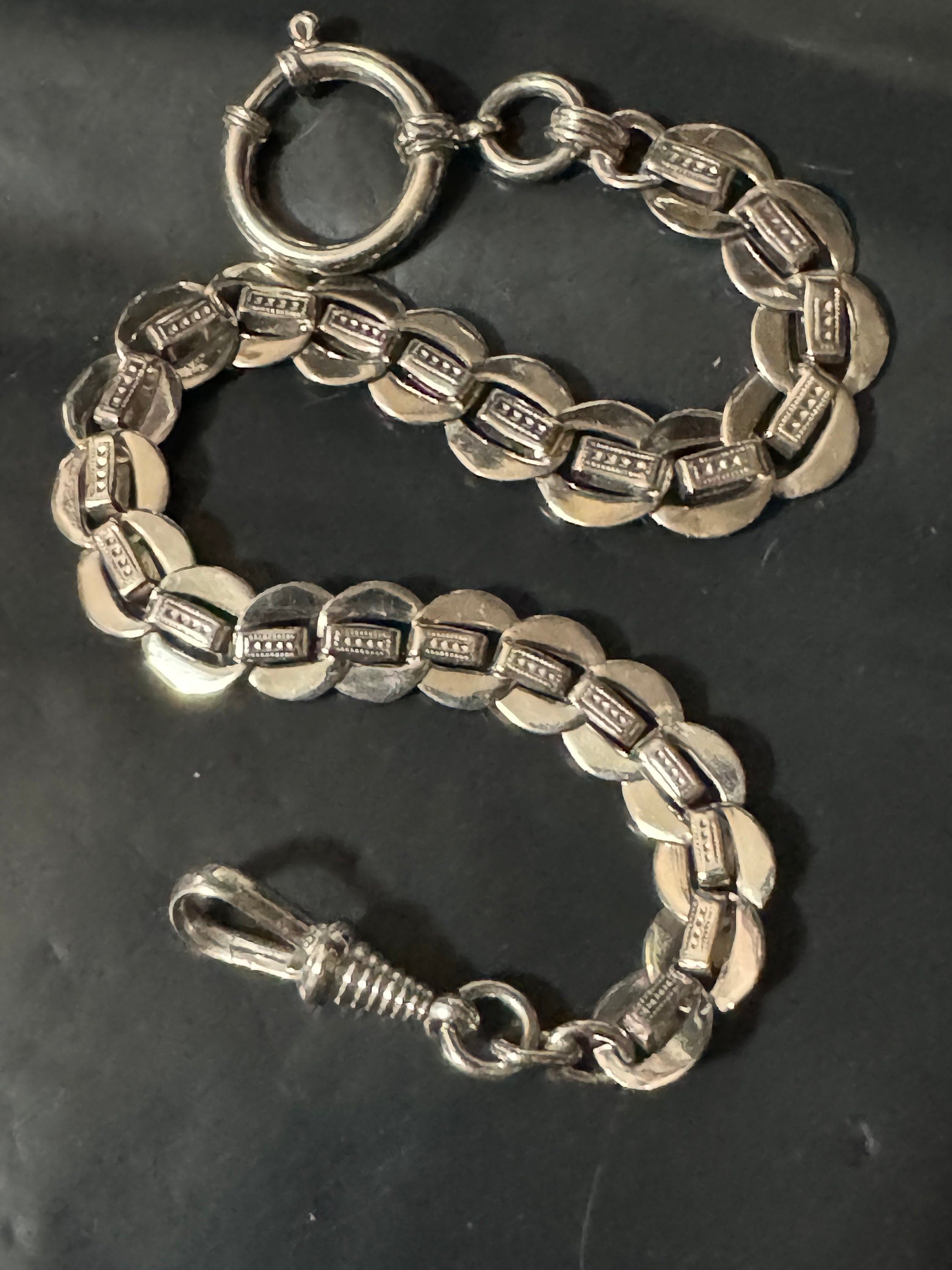 Antique Jakob Bengel Art Deco Pocket Watch Chain: Chrome Plated Silver Metal, 25cm