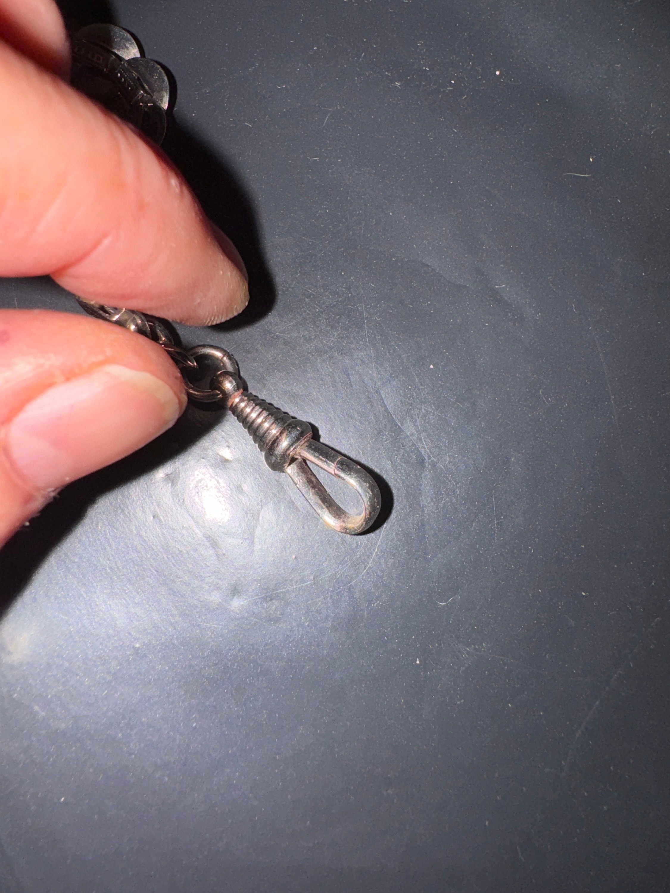 Antique Jakob Bengel Art Deco Pocket Watch Chain: Chrome Plated Silver Metal, 25cm