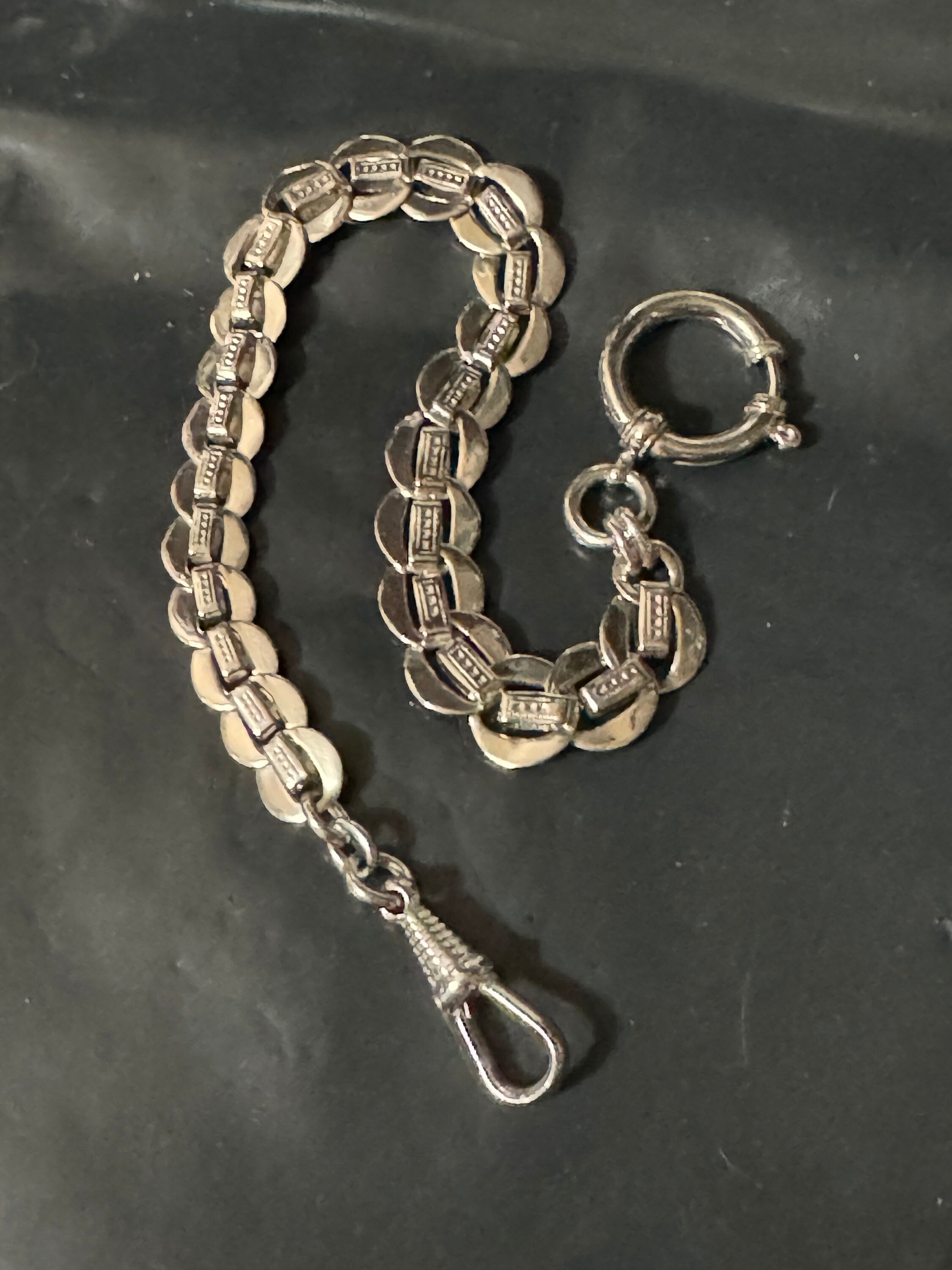 Antique Jakob Bengel Art Deco Pocket Watch Chain: Chrome Plated Silver Metal, 25cm