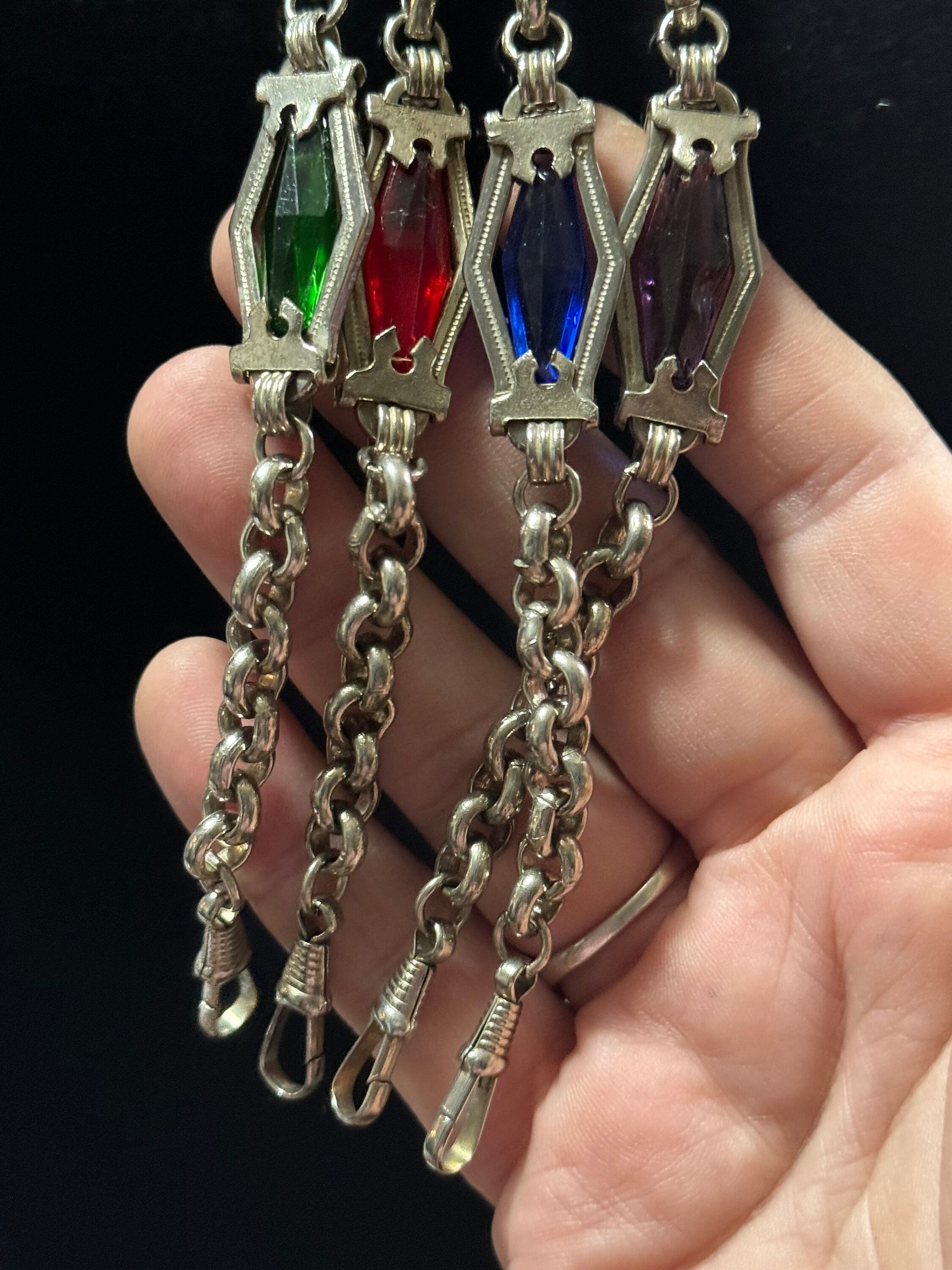 Antique Jakob Bengel Art Deco Pocket Watch Chain: Ruby Red Glass, Chrome Plated (25cm)