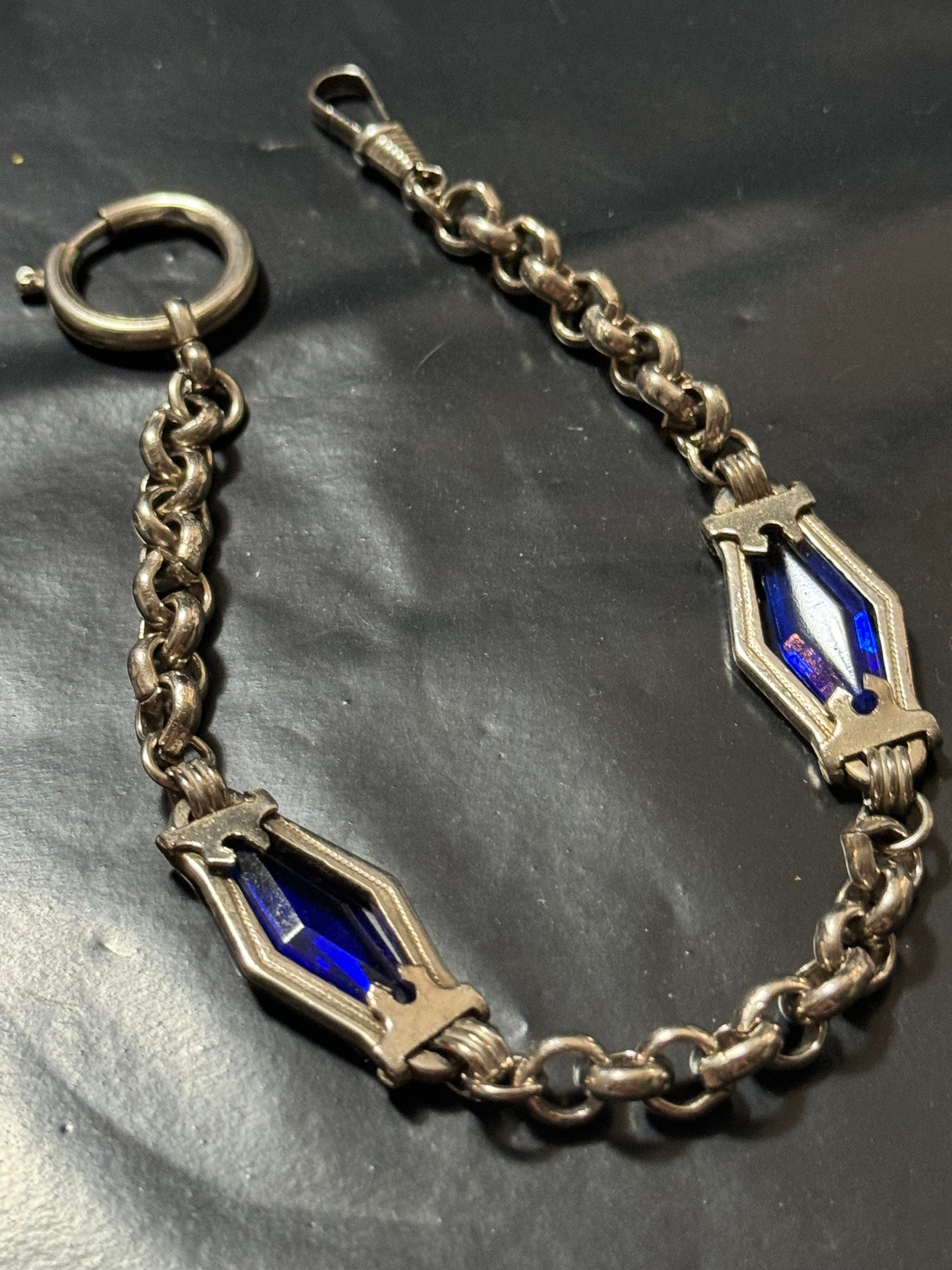 Antique Jakob Bengel Art Deco Pocket Watch Chain: Sapphire Blue Glass, Chrome Plated (25cm)