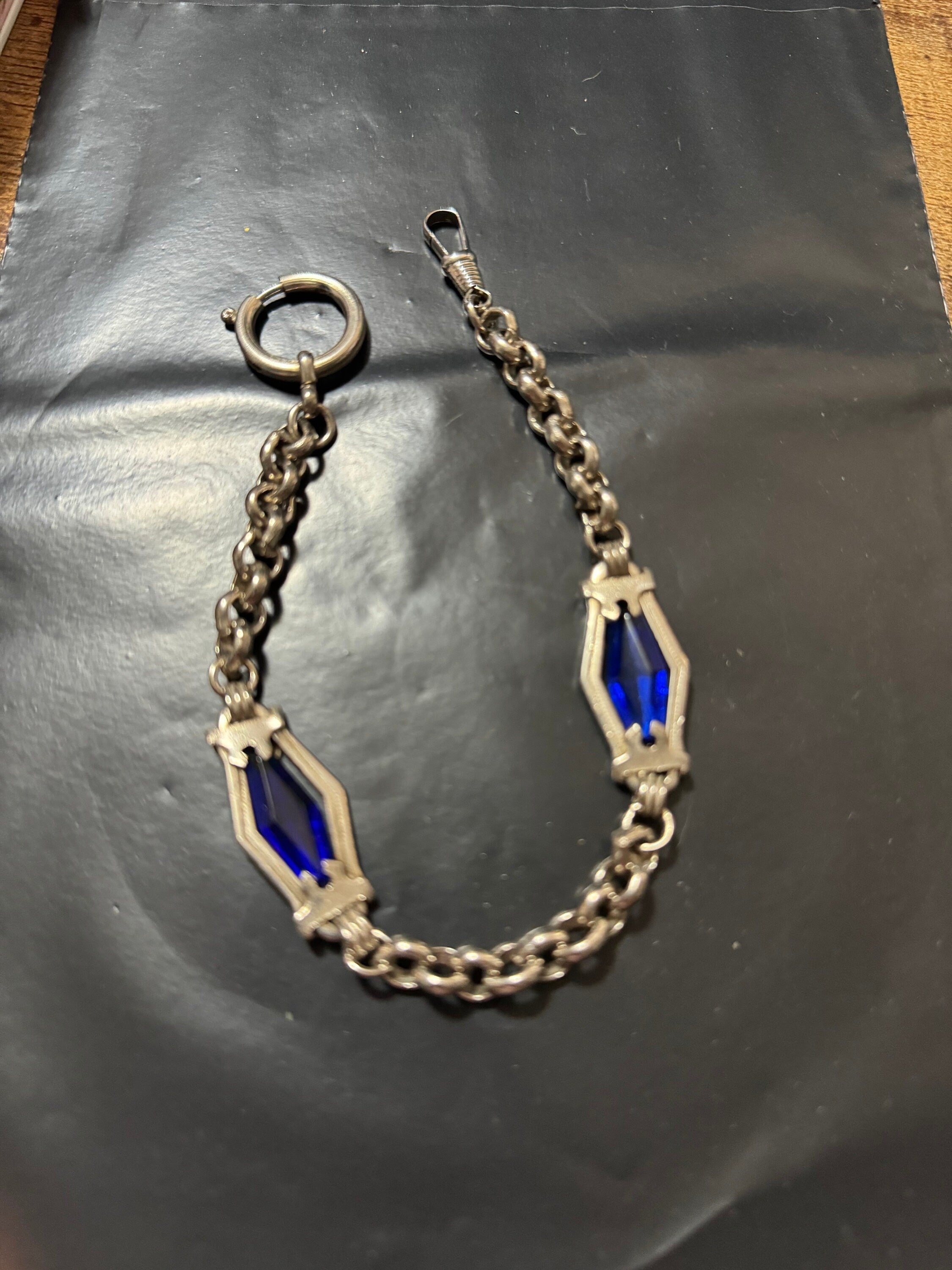 Antique Jakob Bengel Art Deco Pocket Watch Chain: Sapphire Blue Glass, Chrome Plated (25cm)