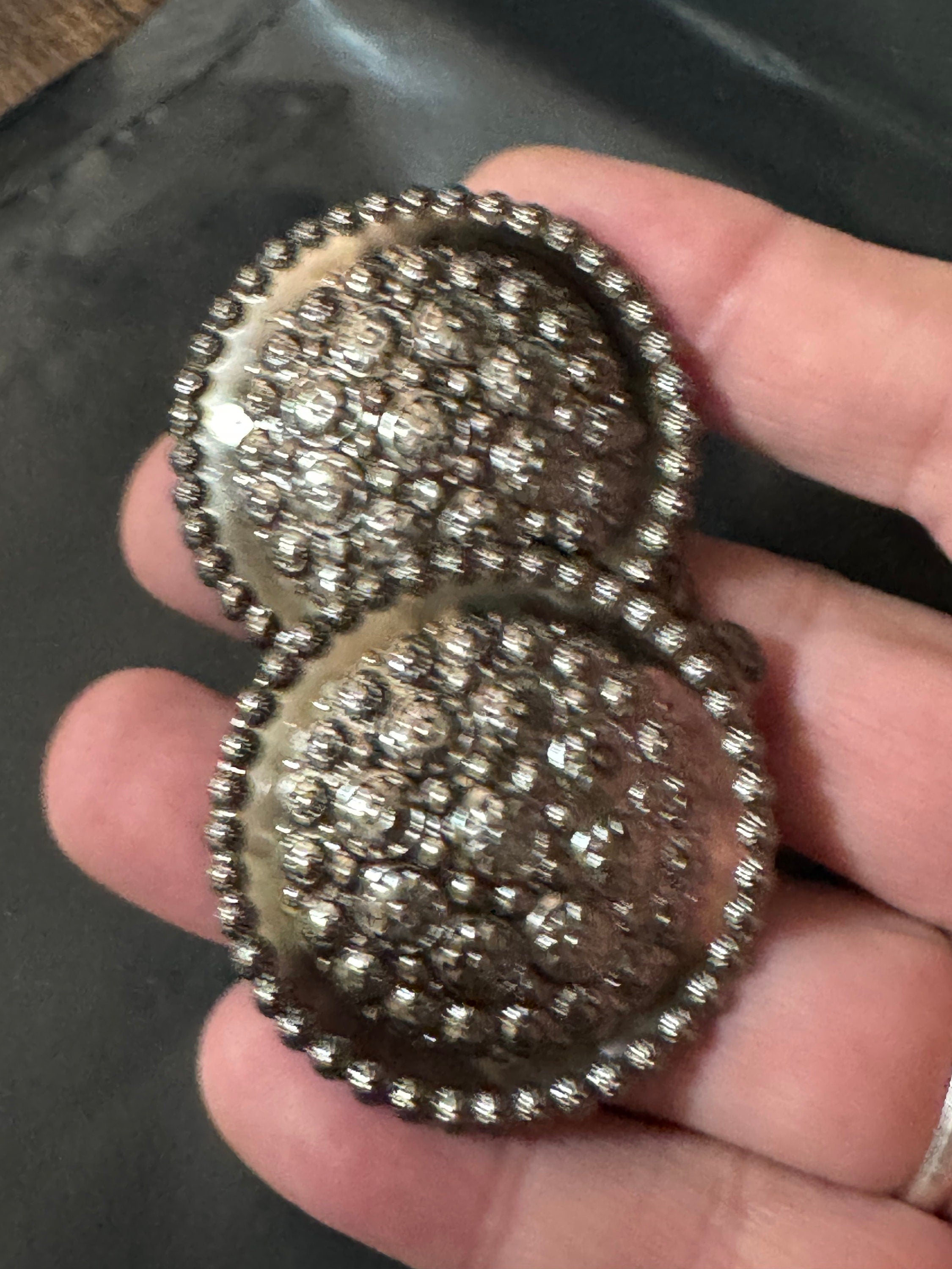 Large silver disc clip on Earrings: Etruscan Style vintage