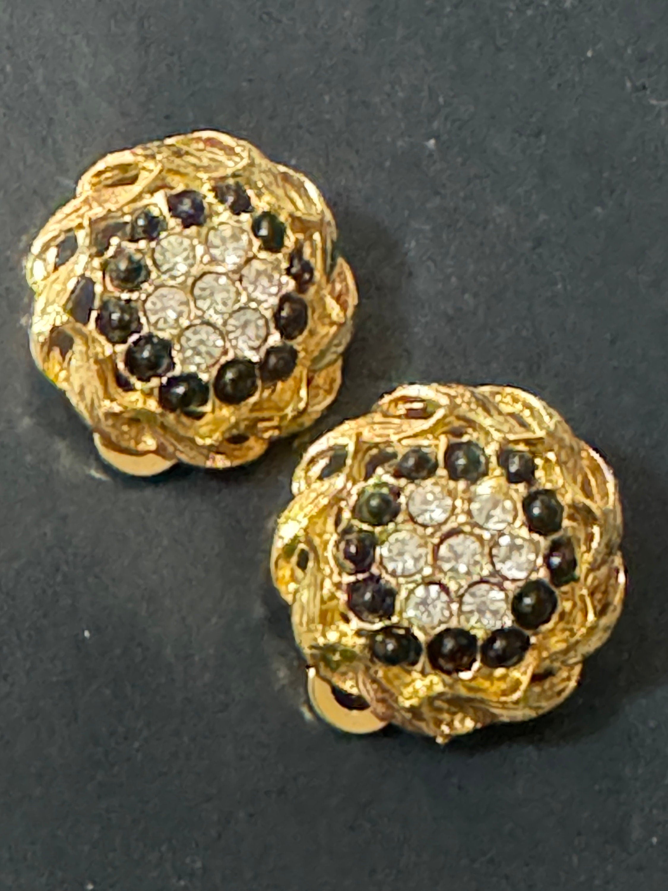 Vintage 1970s Diamanté Clip On Earrings: Black & Clear Rhinestone Studs