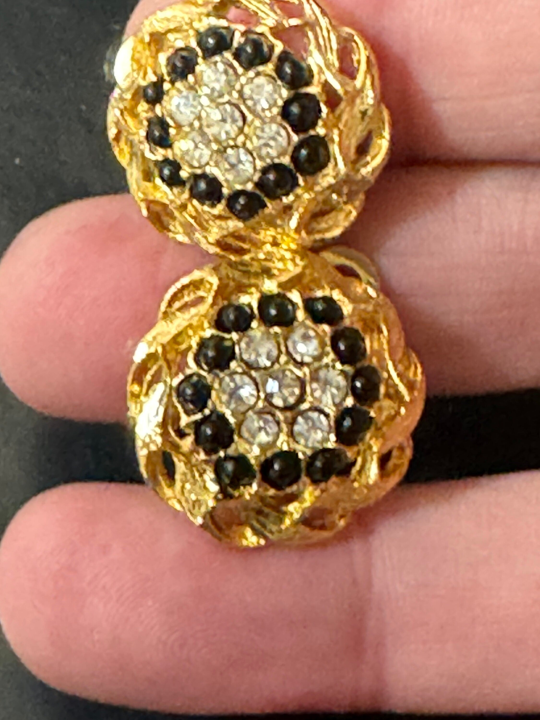 Vintage 1970s Diamanté Clip On Earrings: Black & Clear Rhinestone Studs