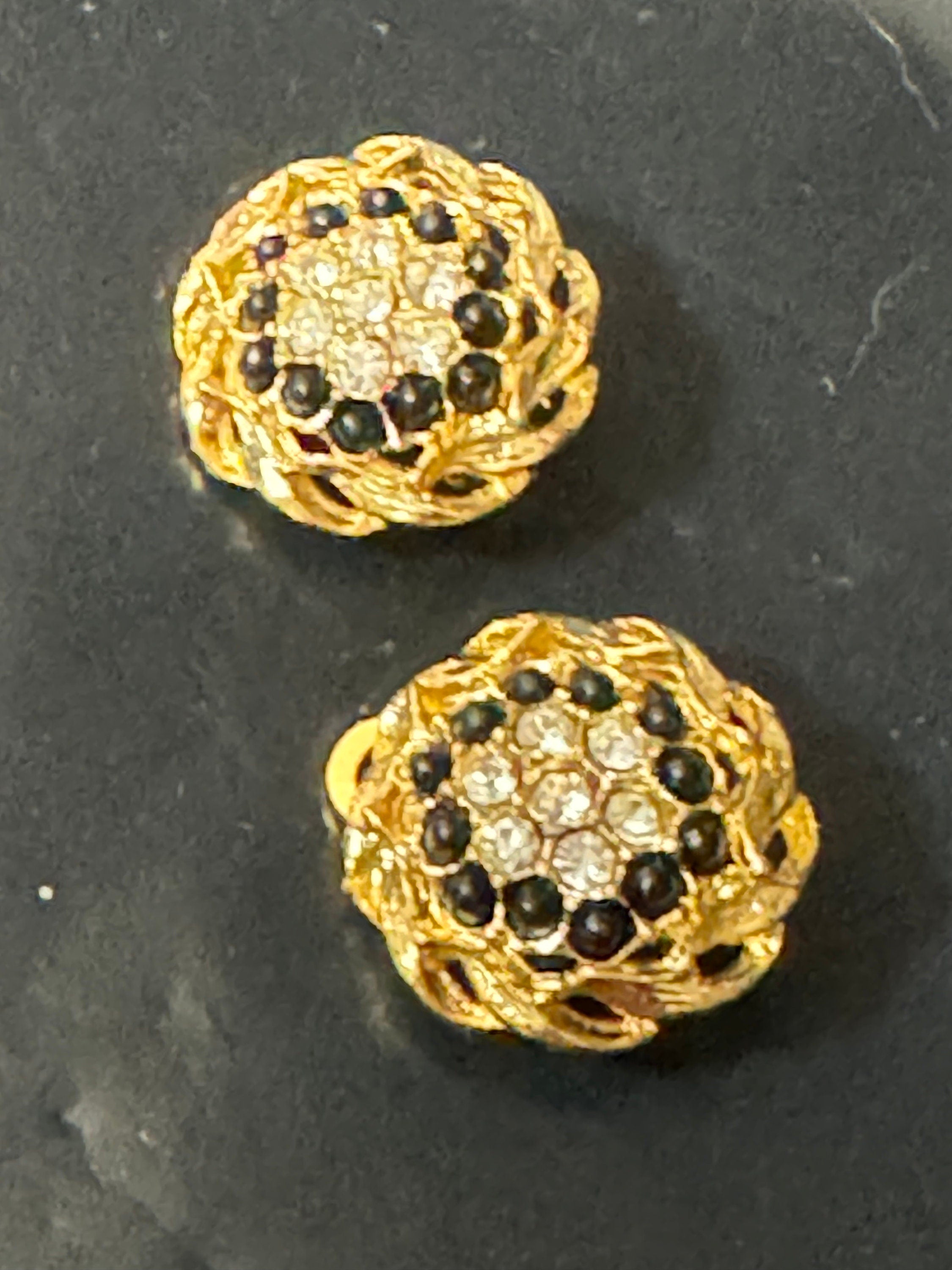 Vintage 1970s Diamanté Clip On Earrings: Black & Clear Rhinestone Studs