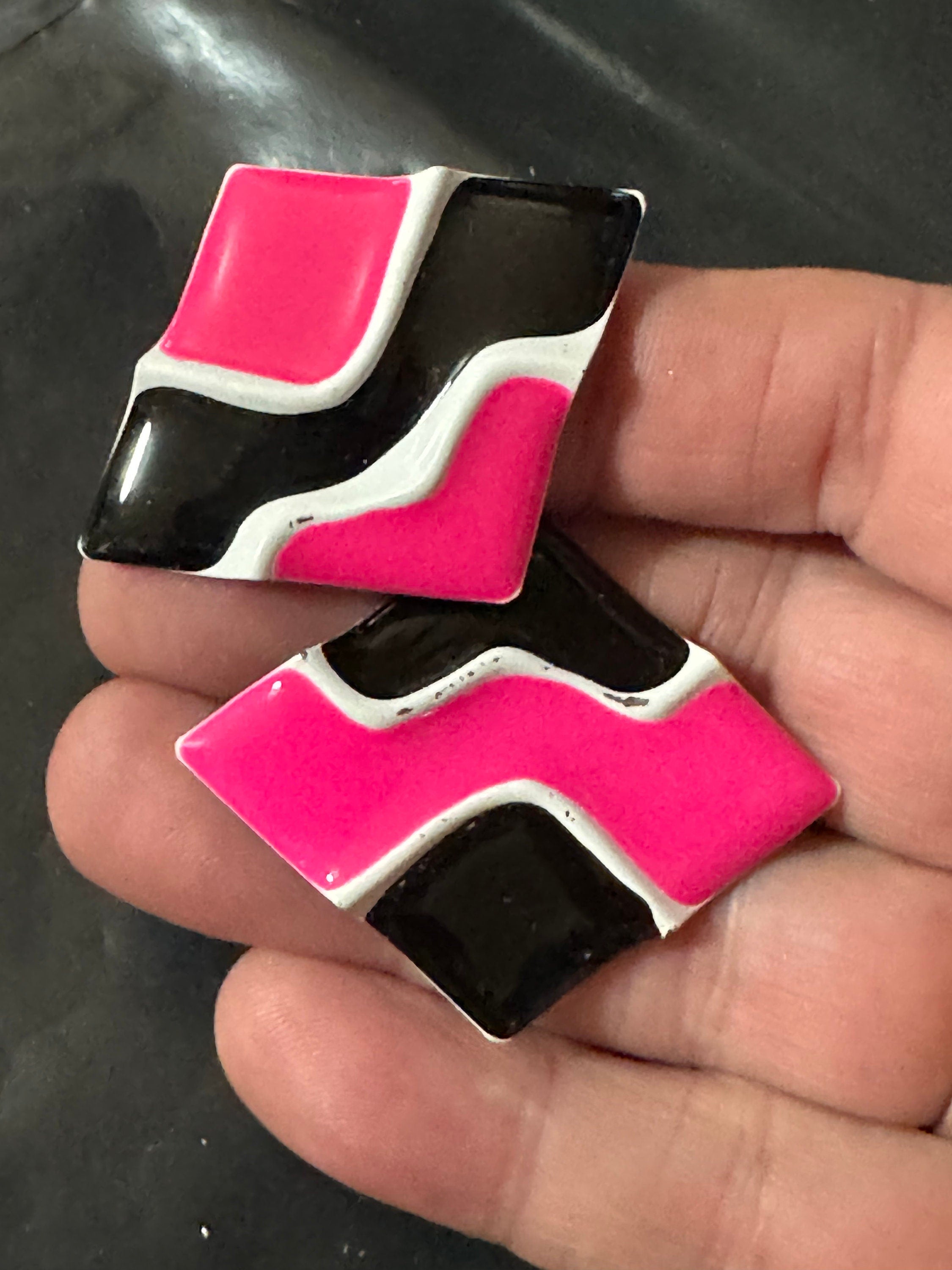 Vintage black Bright pink white enamel large diamond shaped oversized stud earrings for pierced ears old retro shop stock
