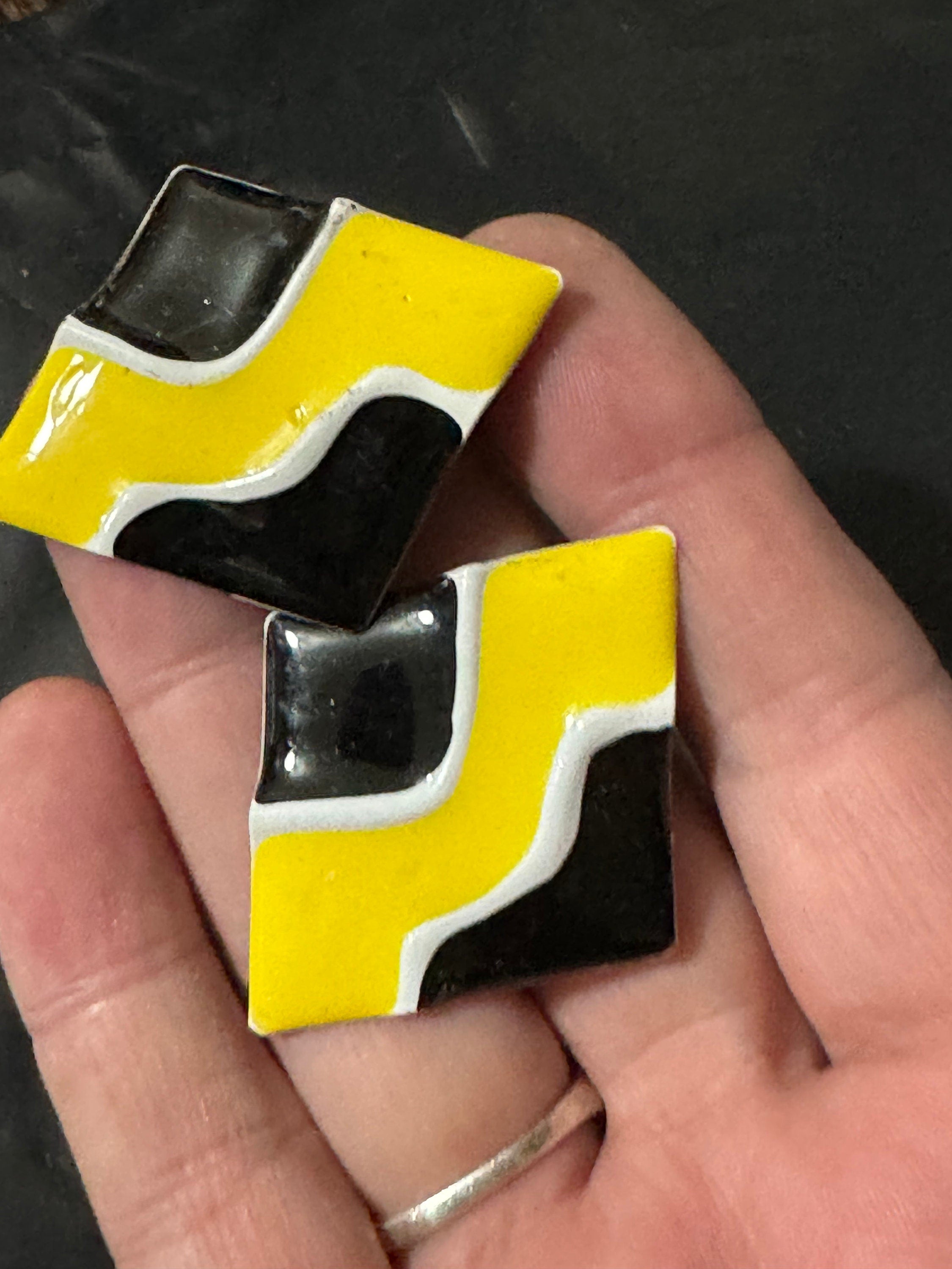 Vintage black Bright Yellow white enamel large diamond shaped oversized stud earrings for pierced ears old retro shop stock