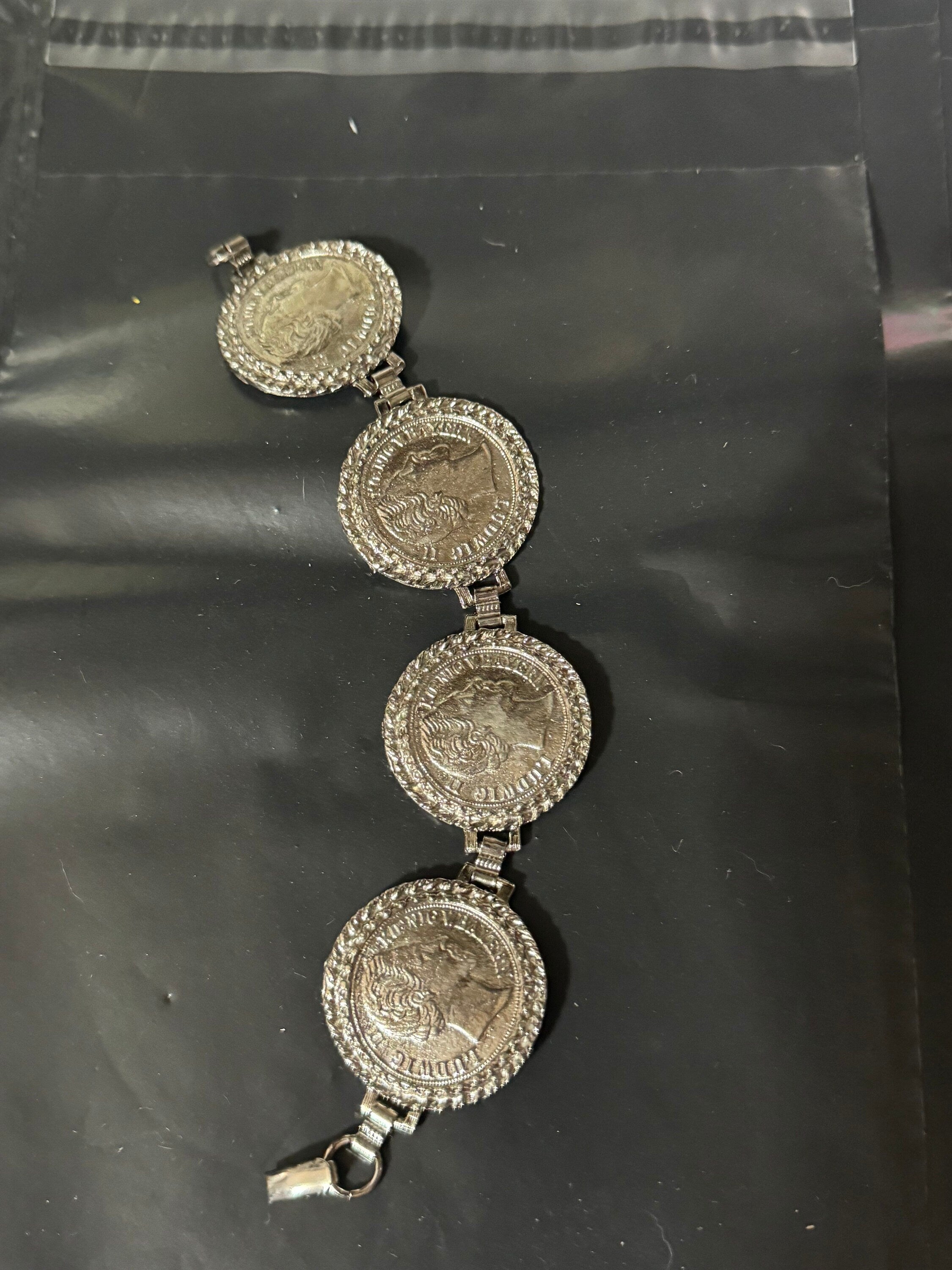 vintage chunky oversized silver tone coin bracelet 19.5cm old shop stock unused