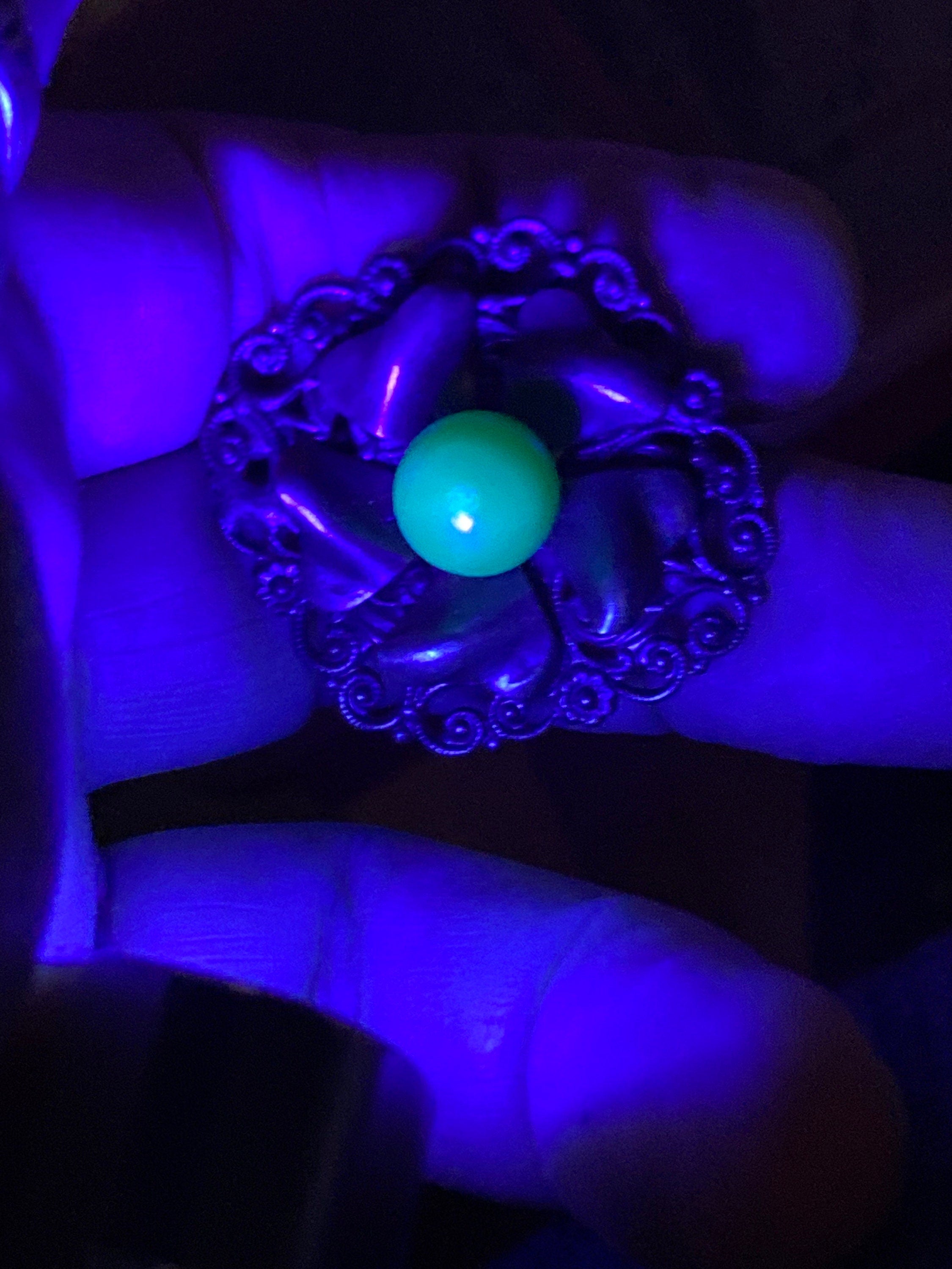 Czech brass filigree Brooch Uv chrysoprase green Glass