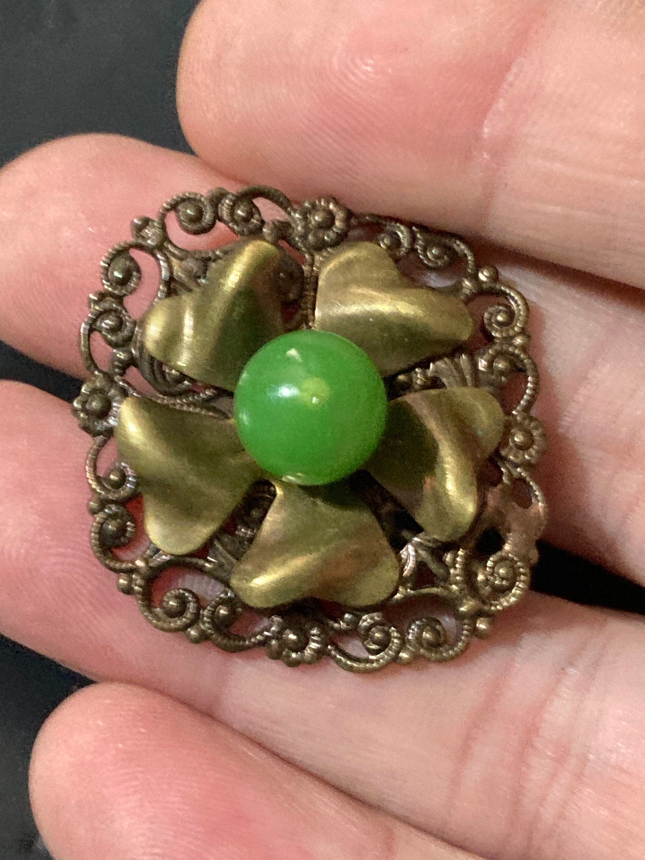Czech brass filigree Brooch Uv chrysoprase green Glass